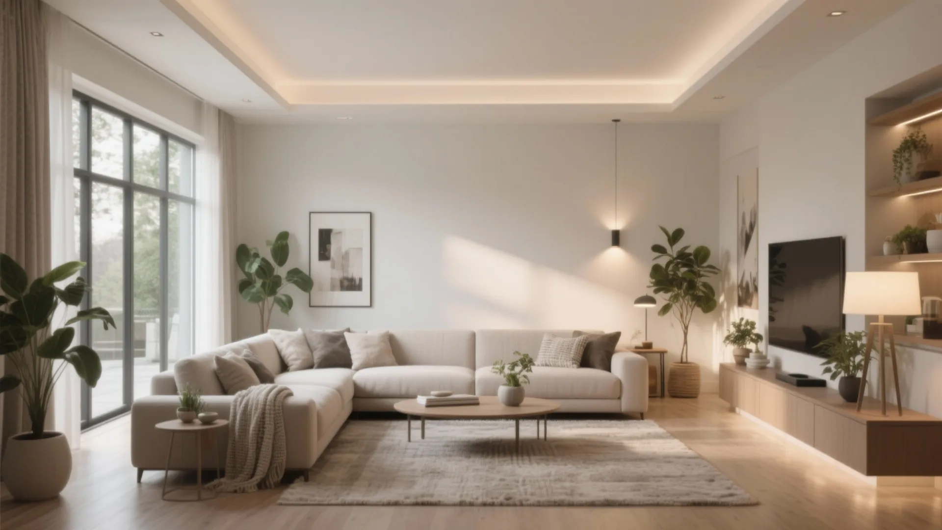 Modern warm living room with white corner sofa wooden coffee table plants and television cabinet