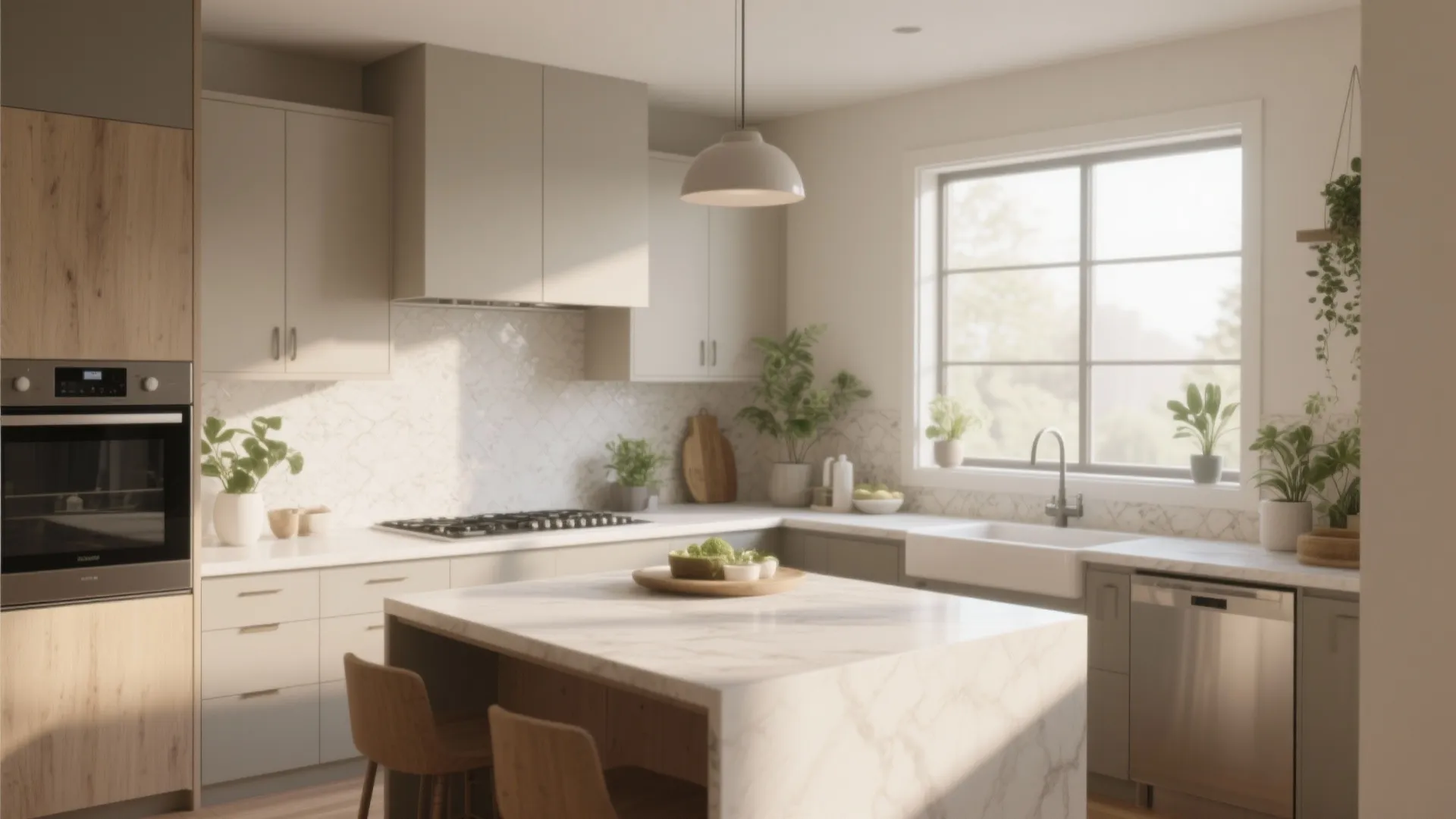 Bright modern kitchen featuring marble island wooden stools white cabinets large window and several plants