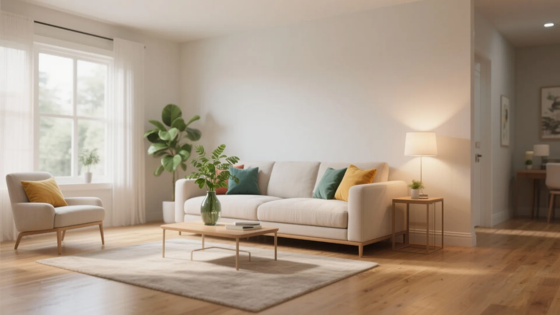 Bright living room featuring white sofa, colorful pillows, green plants, wooden floor, and side table