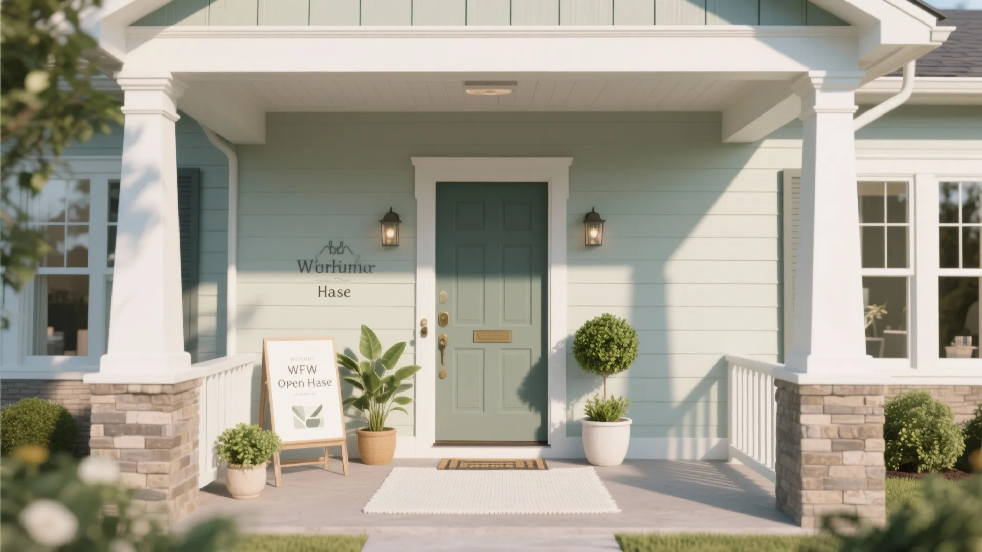 Front porch with green door, white pillars, potted plants, welcome mat, and small wooden sign
