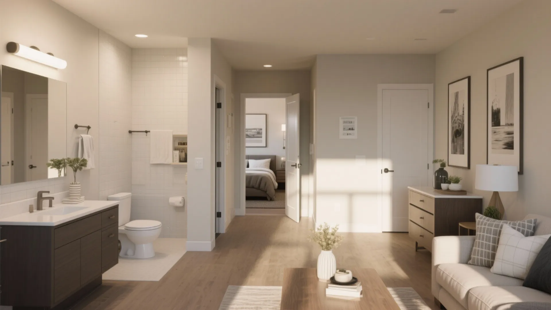 Bright studio apartment with bathroom sink toilet hallway to bedroom and sofa in living area