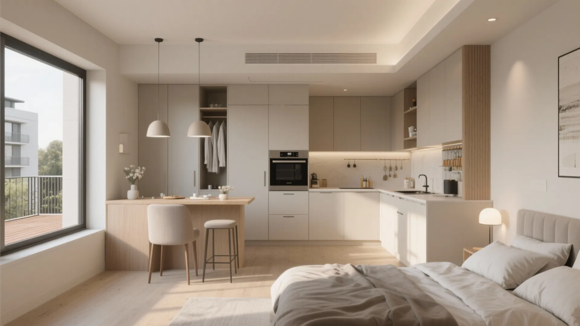 Modern studio apartment featuring a white kitchen with wood table and bedroom in one space