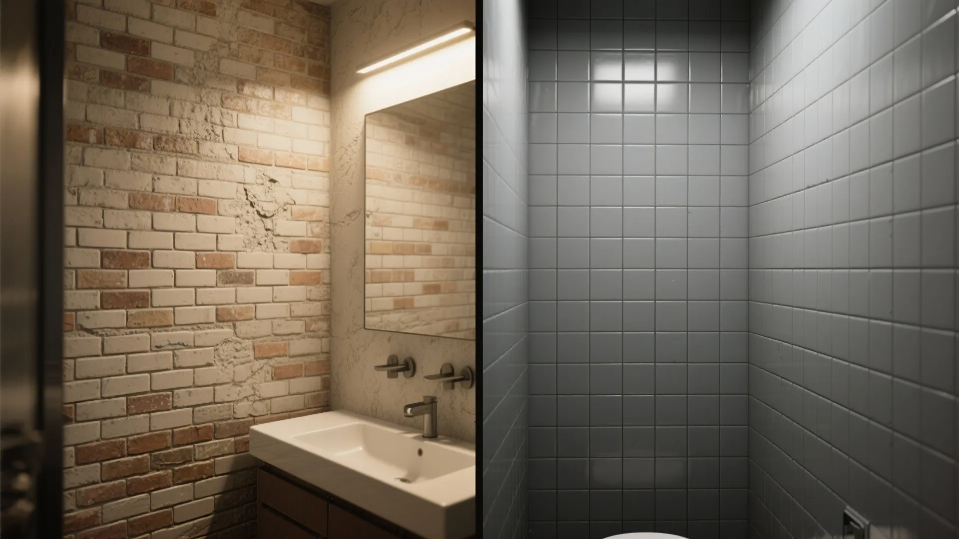 Side-by-side view of staggered brick layout and stacked grid layout with grey subway tile