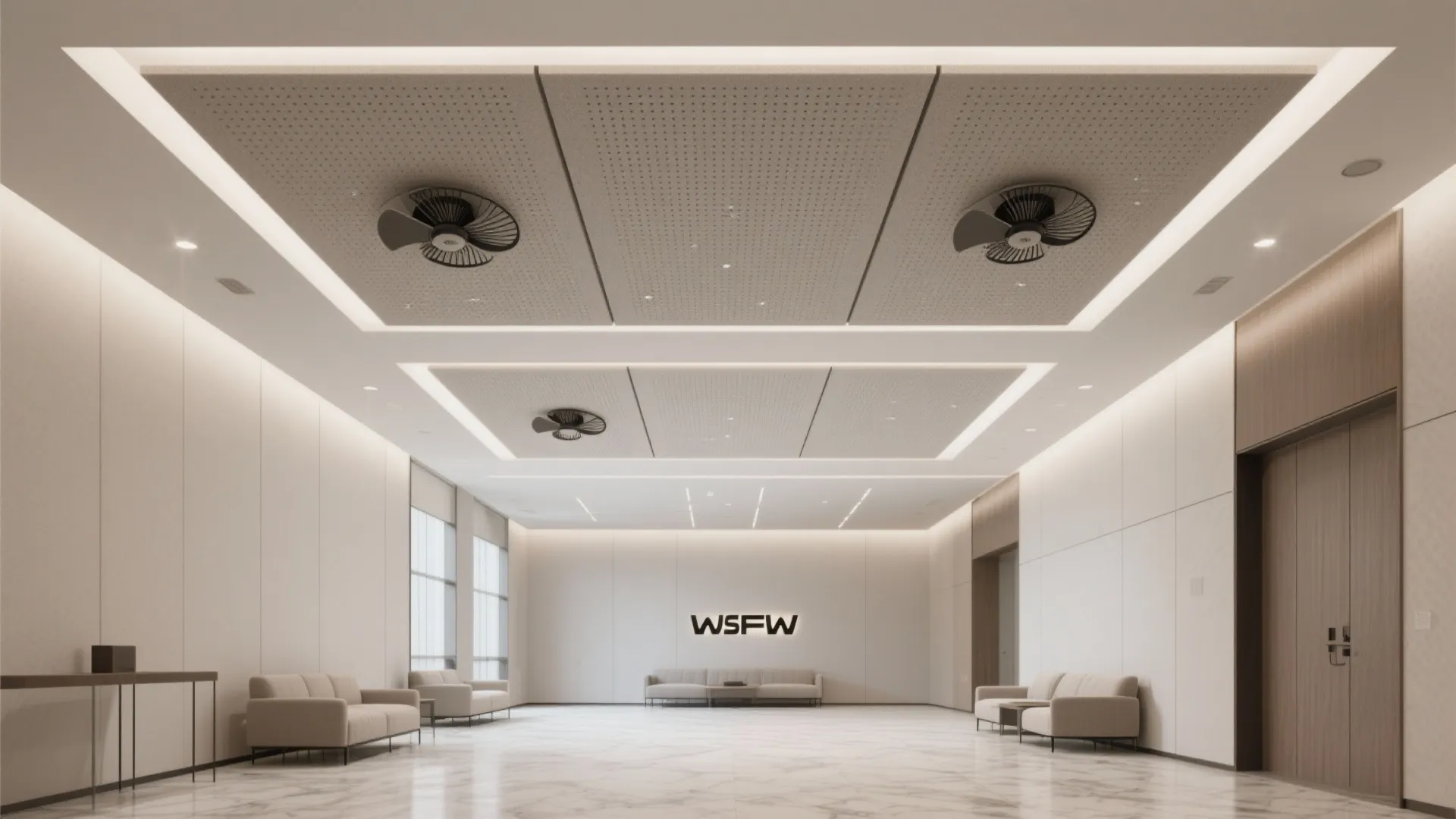 Spacious office waiting area featuring beige sofas white wall panels ceiling fans and marble flooring