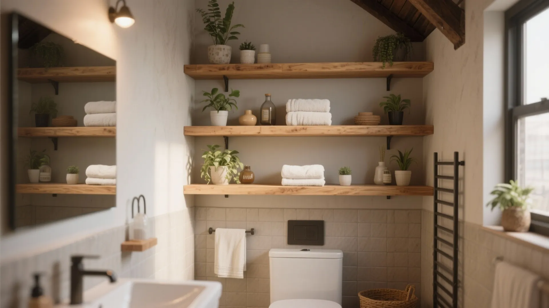 Modern bathroom with white toilet and three wooden floating wall shelves holding plants and white towels