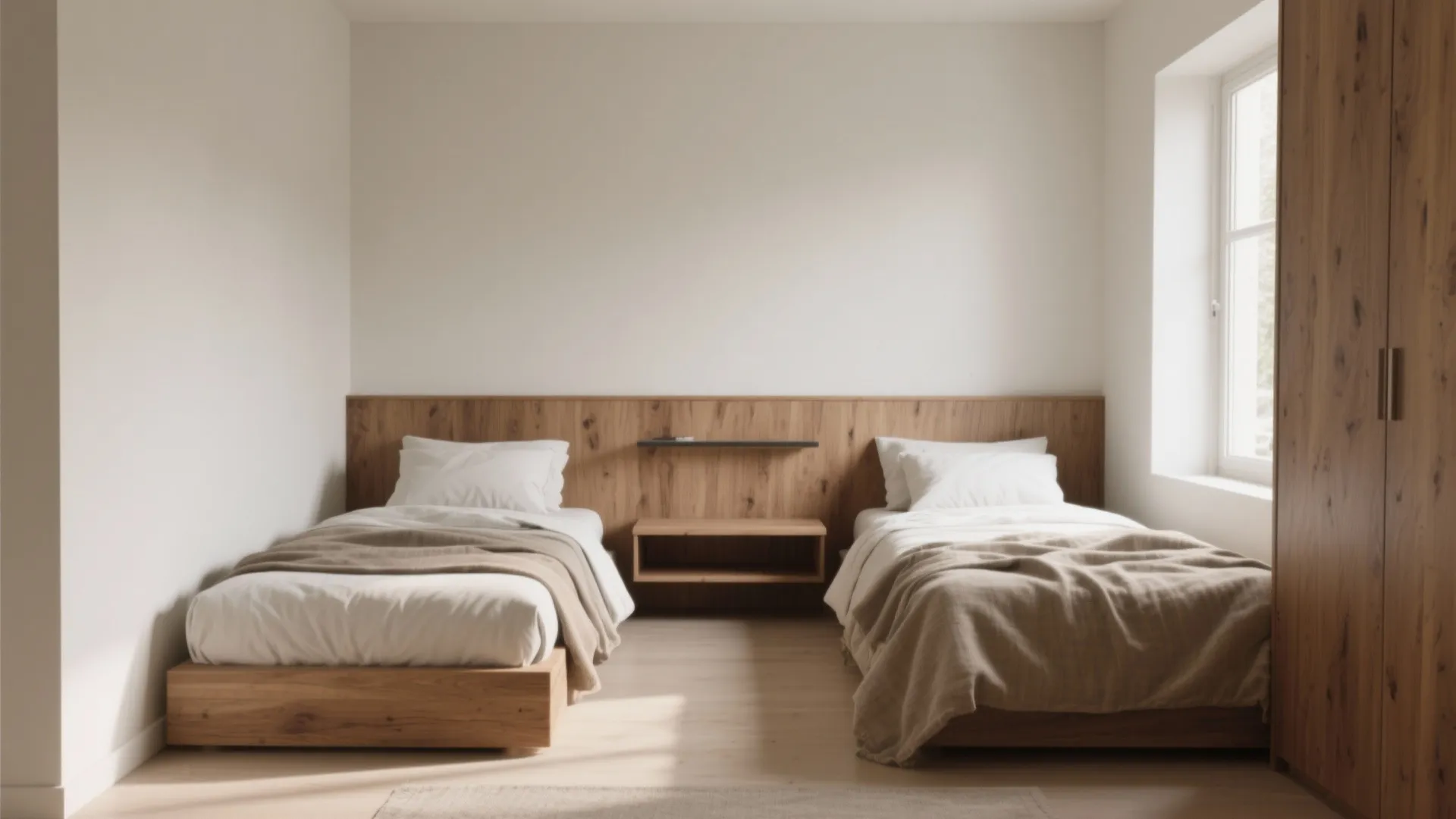 Simple bedroom interior with two wooden platform beds against a wood wall panel and white walls