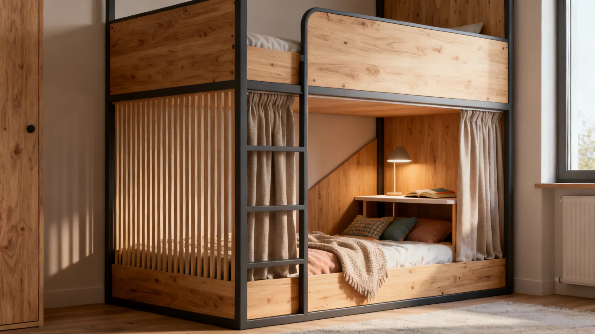 Wooden bunk bed with bottom area featuring privacy curtains and small desk with reading lamp