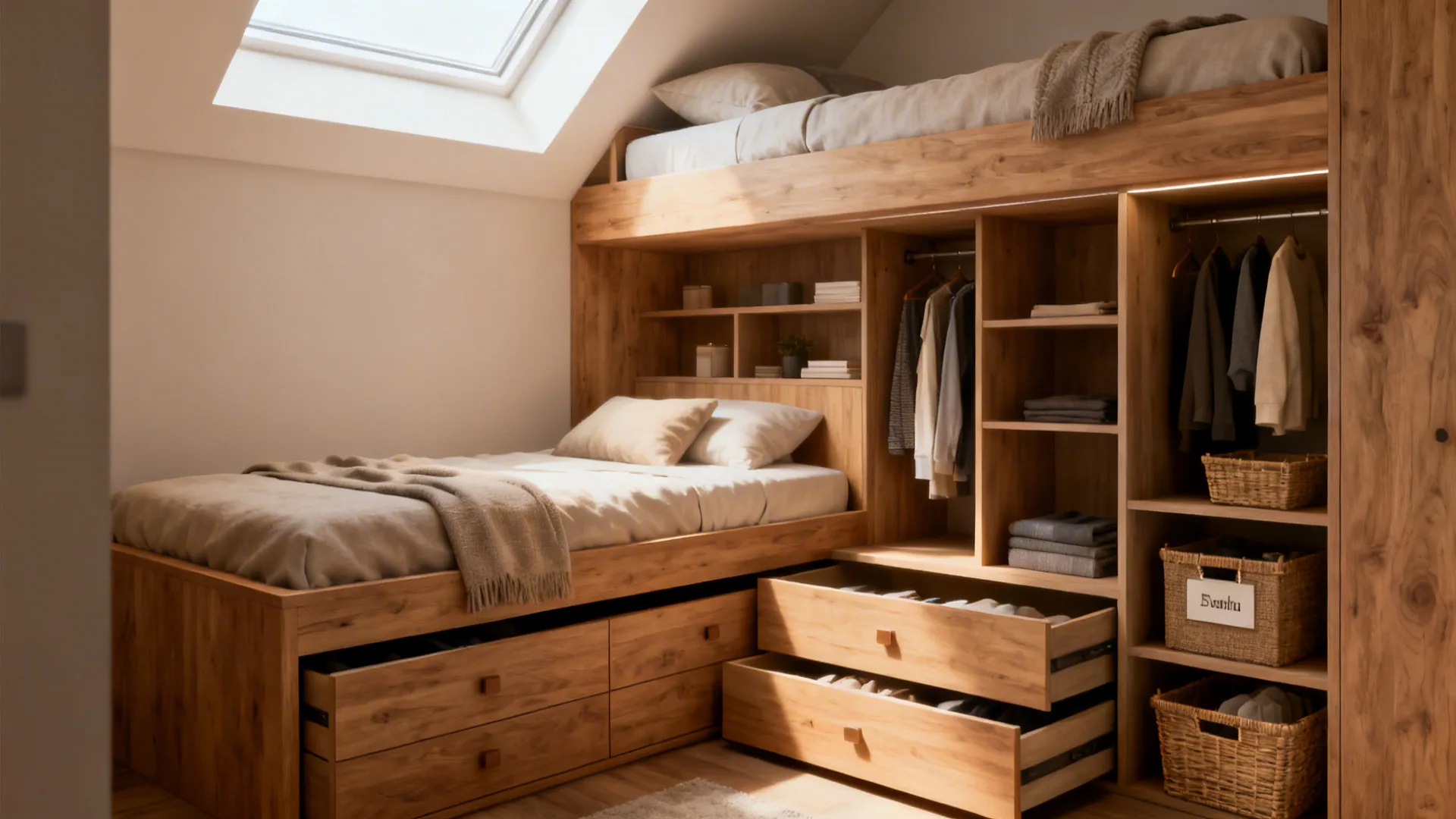 1. Staggered bunk with built-in storage