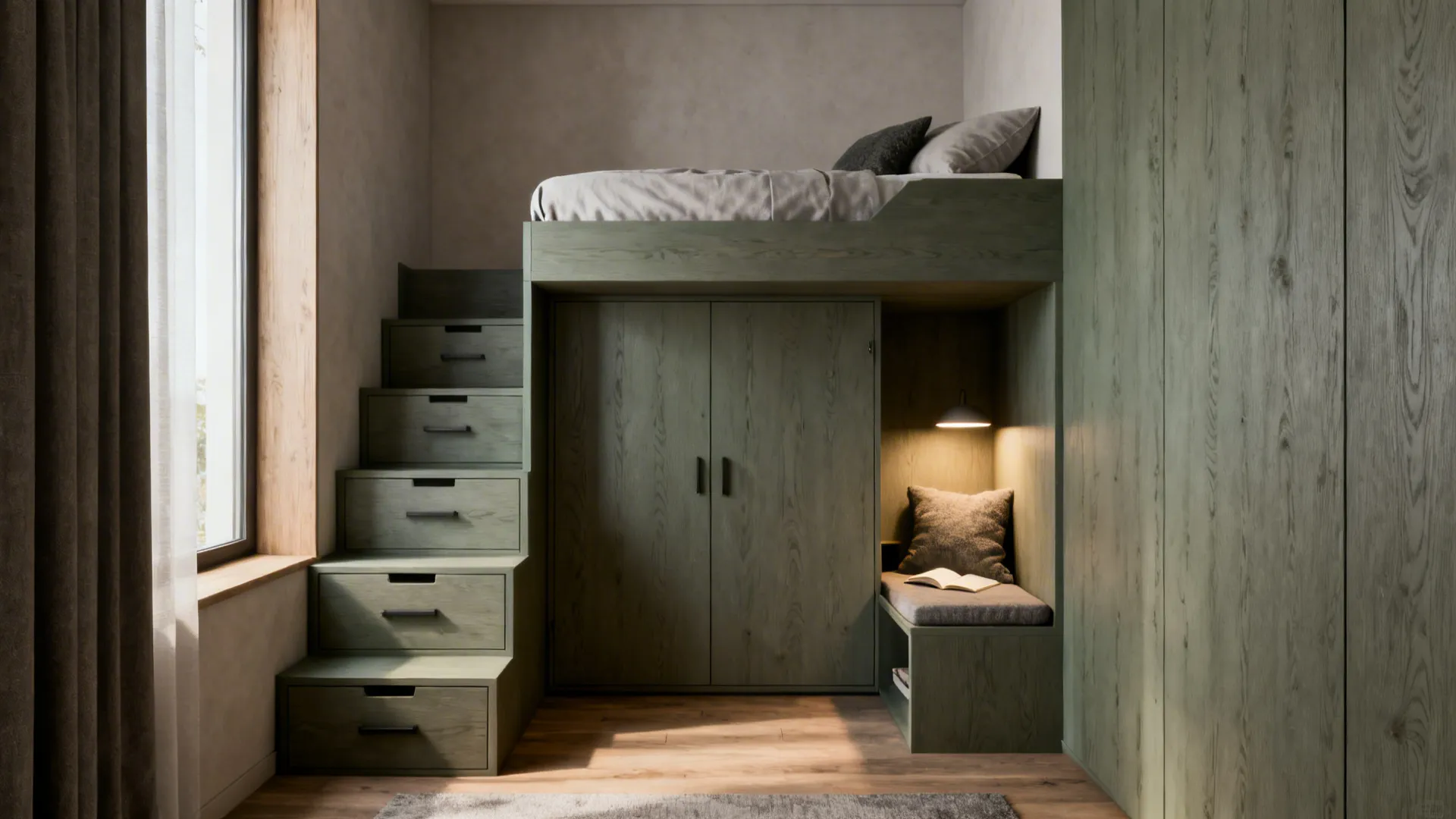 1. Staggered bunk beds with integrated storage