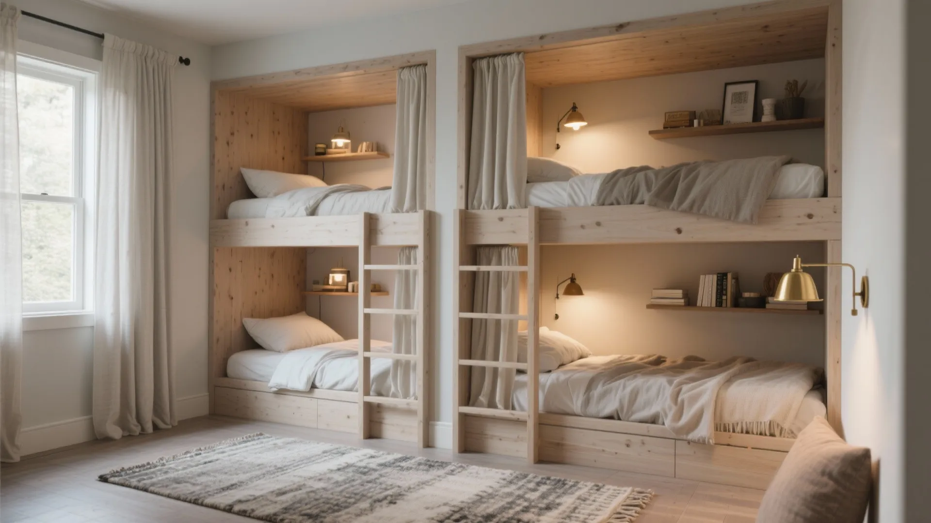 Two sets of wooden bunk beds with white bedding curtains and small wall light fixtures