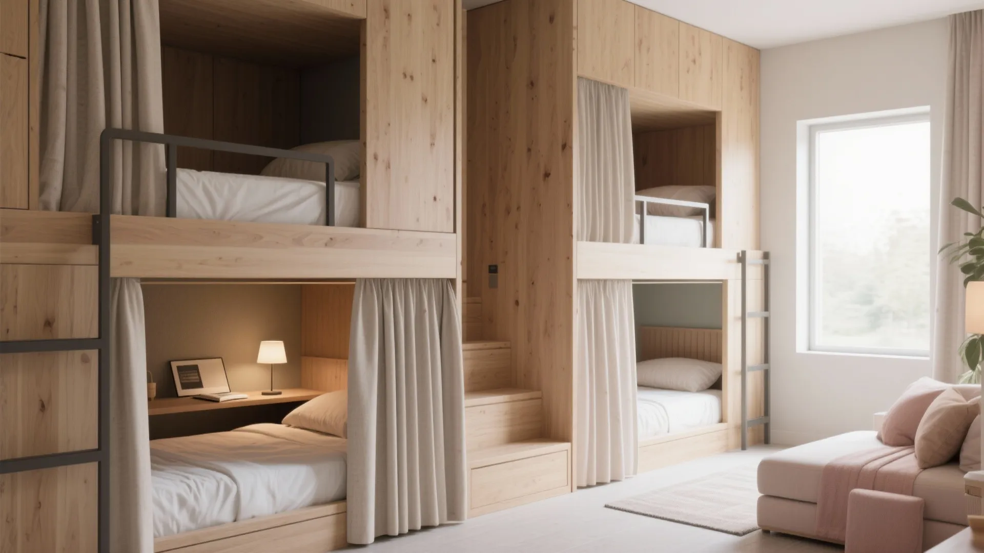 Modern wooden bunk beds featuring private curtains built in stairs large windows and warm interior lighting
