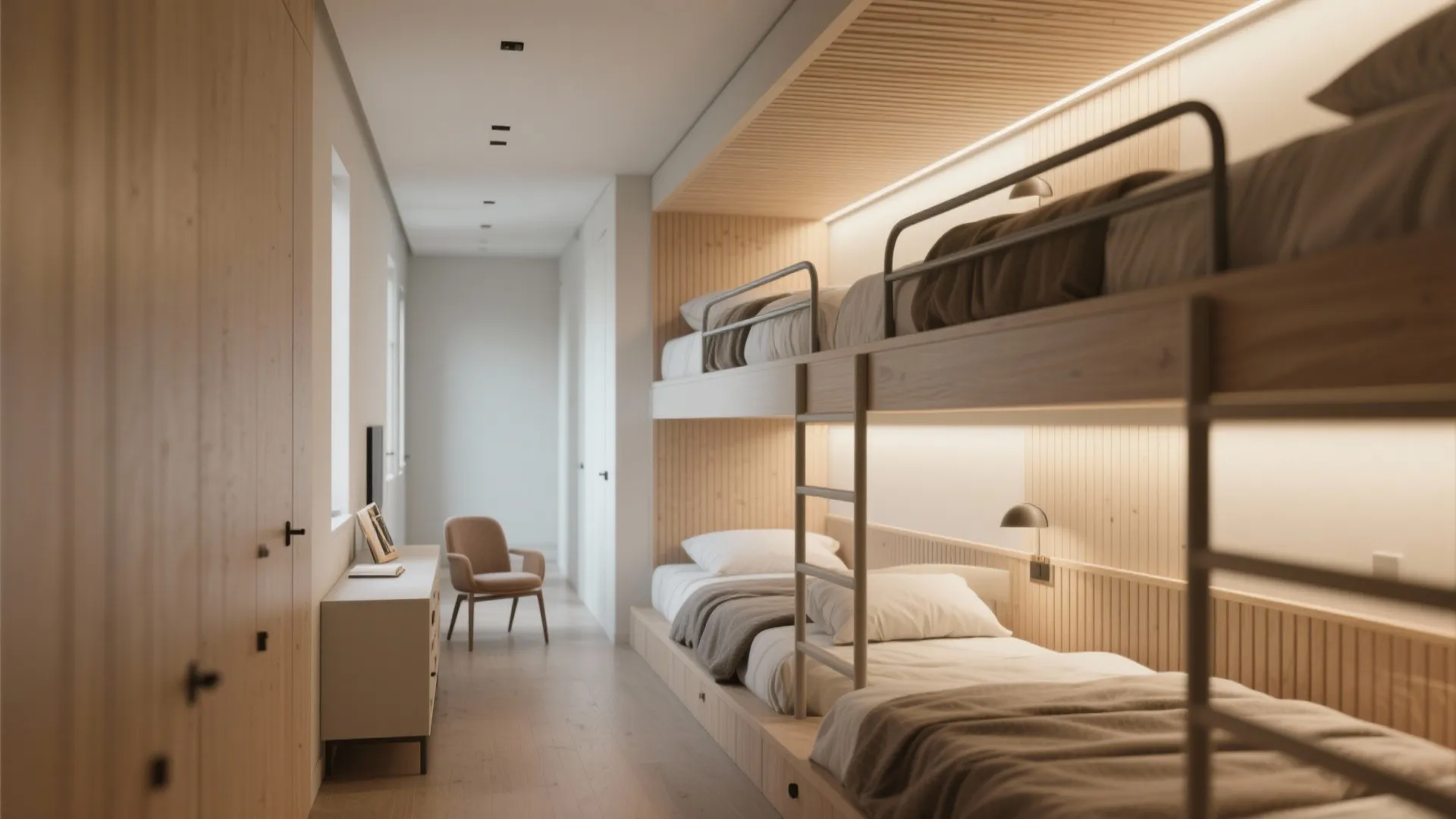 Long narrow bedroom with wooden bunk beds against wall panel featuring warm integrated light fixtures