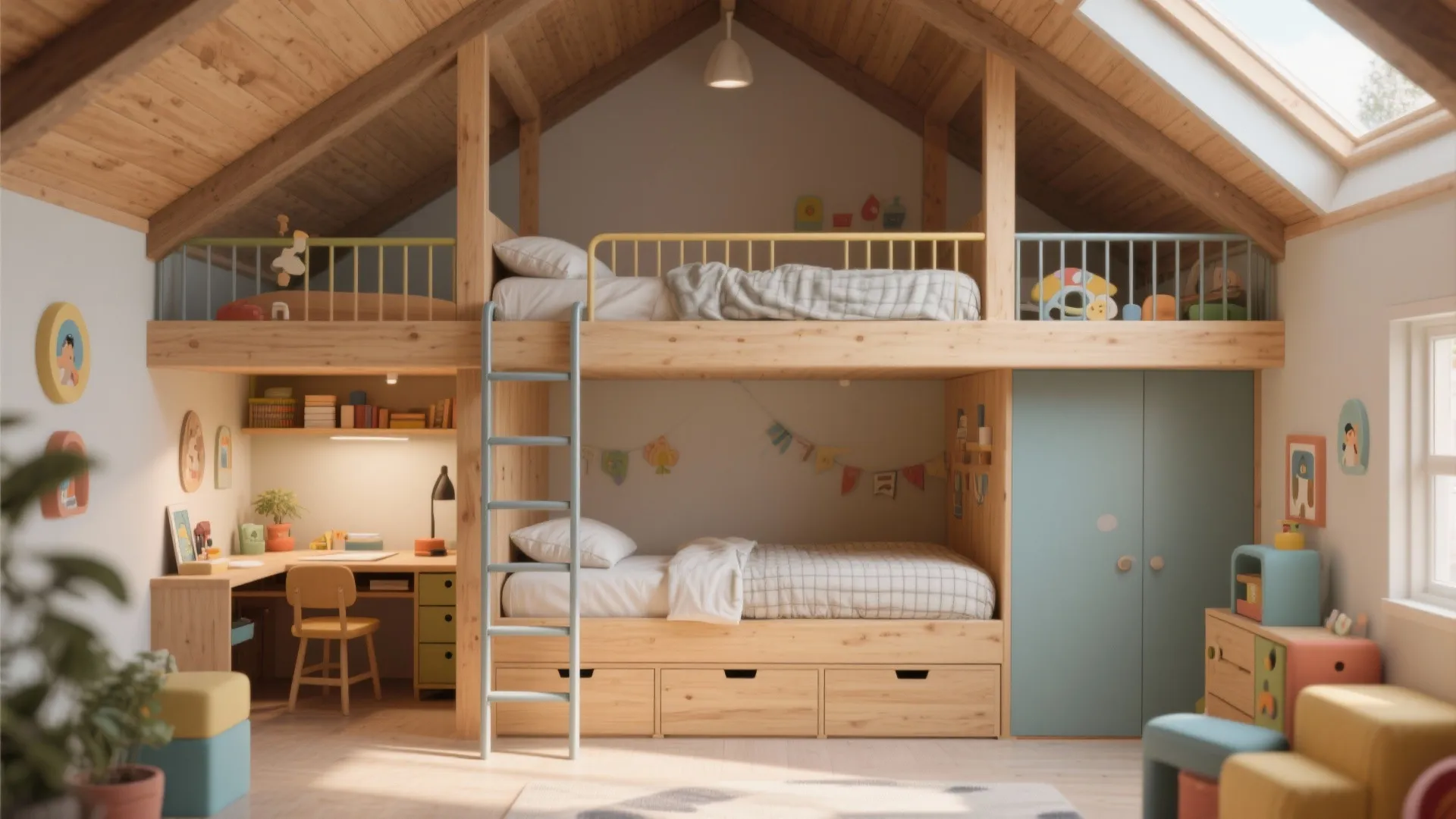 3. Staggered bunks or elevated single plus low bed