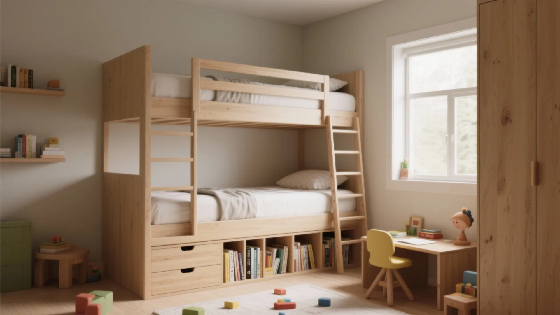 1. Staggered double bunks with built-in storage