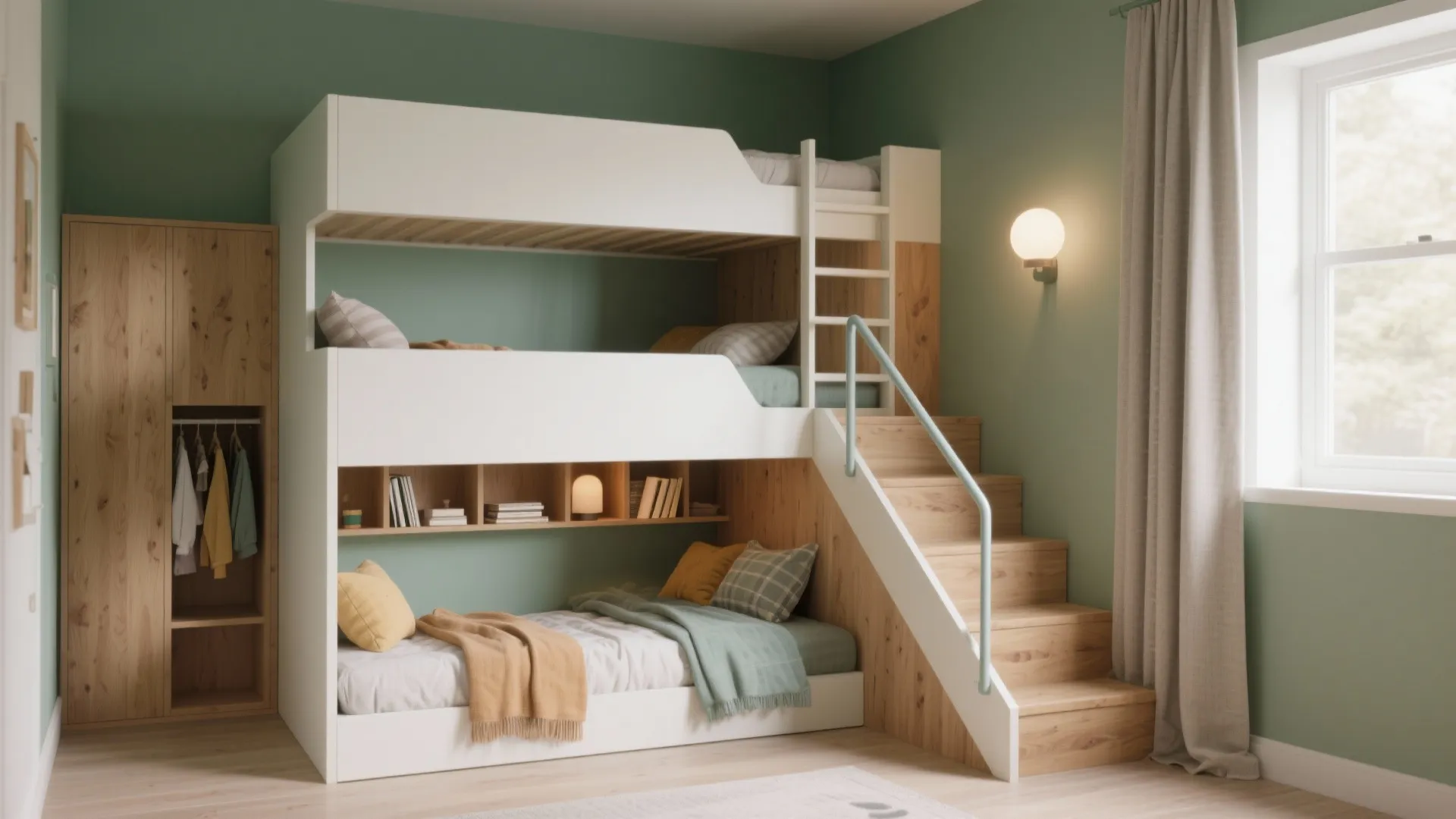 Modern white triple bunk bed with wooden stairs integrated storage shelves and green wall paint design