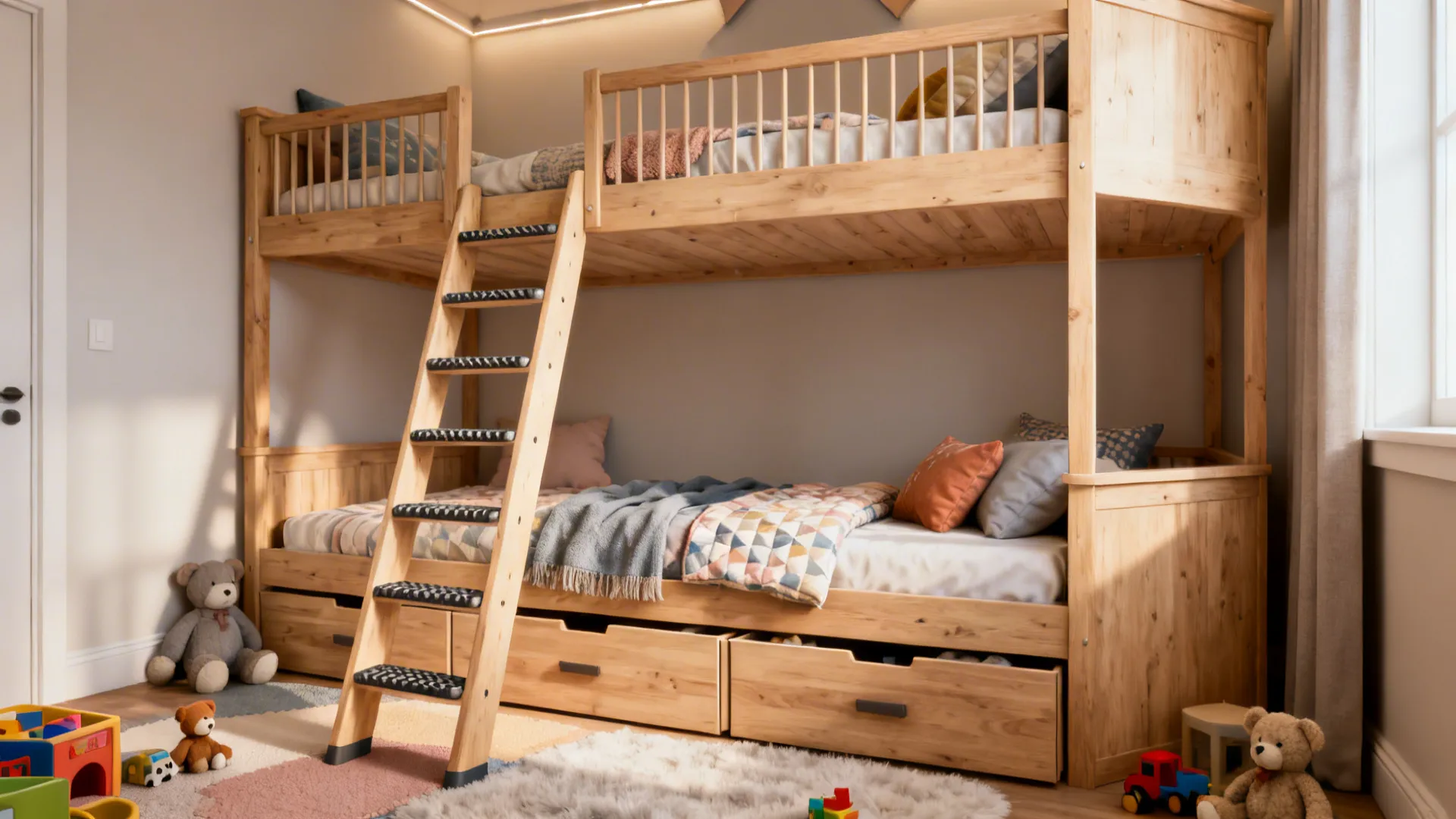 Wooden bunk bed with ladder storage drawers colorful rug teddy bears and warm natural room lighting