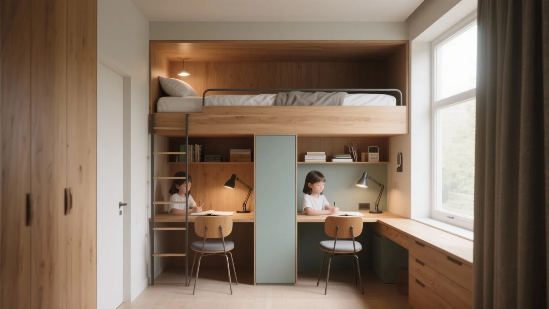 Functional kids bedroom with loft bed over dual study desks including wooden shelves and grey chairs