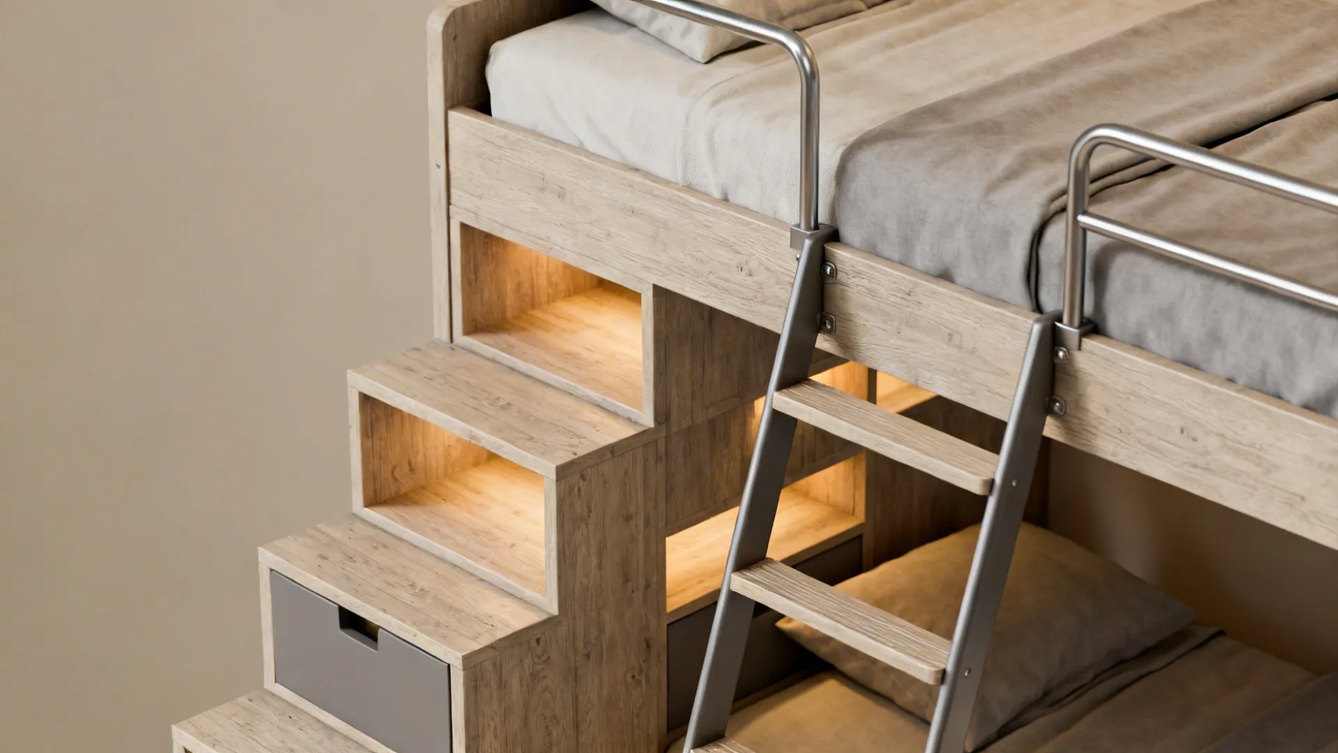 Close-up of staggered bunk ladder steps doubling as shelving and storage.