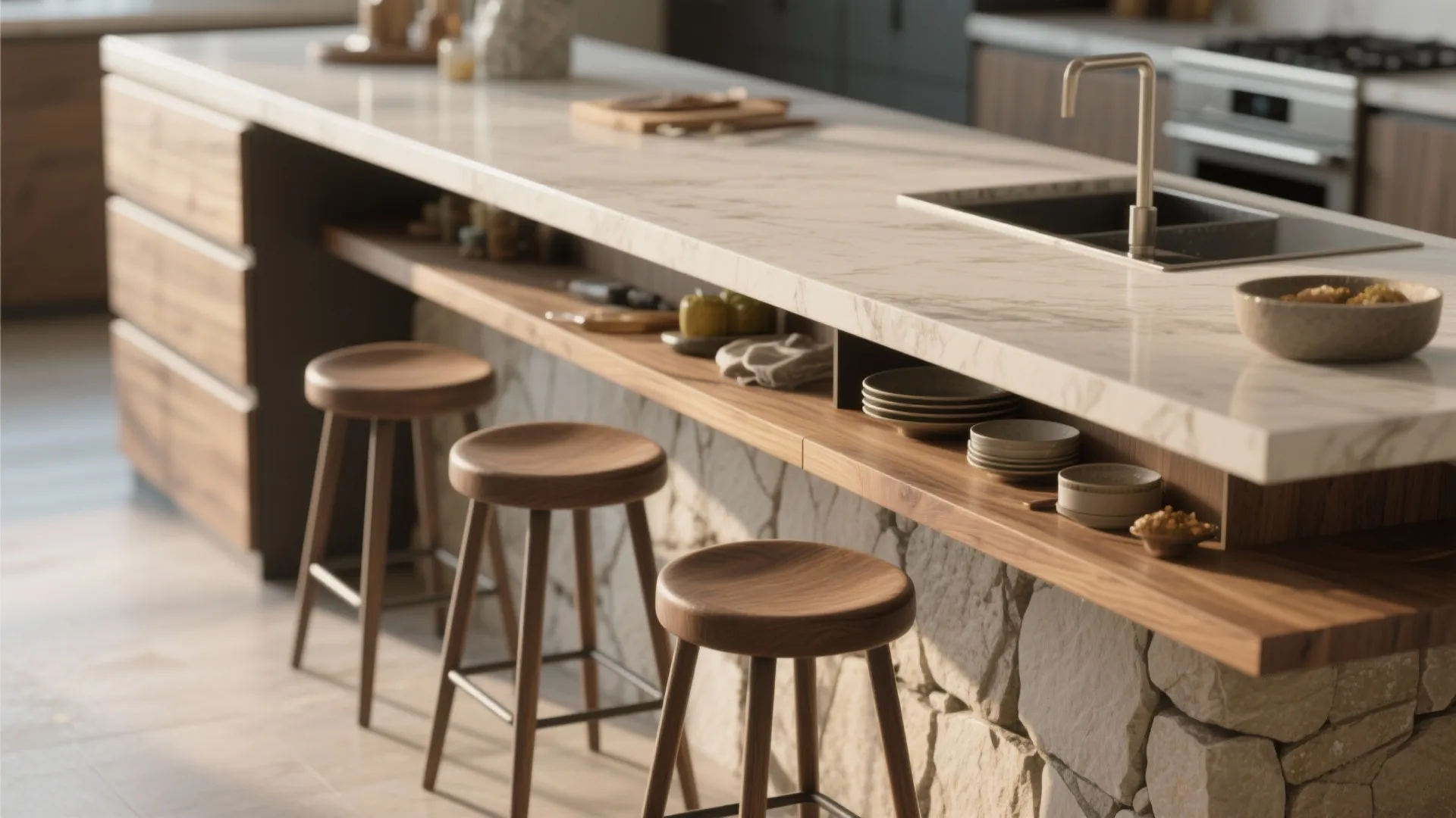 Modern marble kitchen island with stone base and wooden shelf featuring three minimalist bar stools nearby