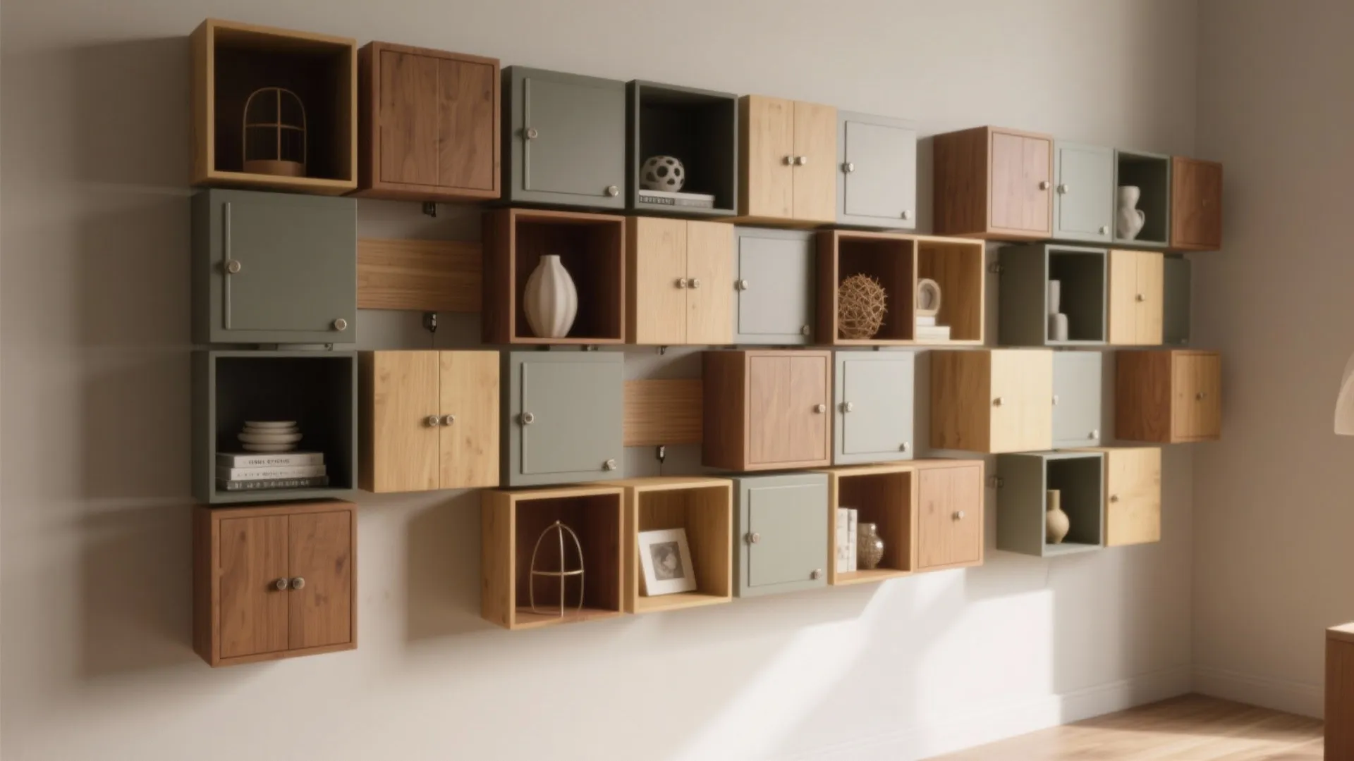 Staggered wall-mounted storage cubes in mixed wood finishes providing playful storage.