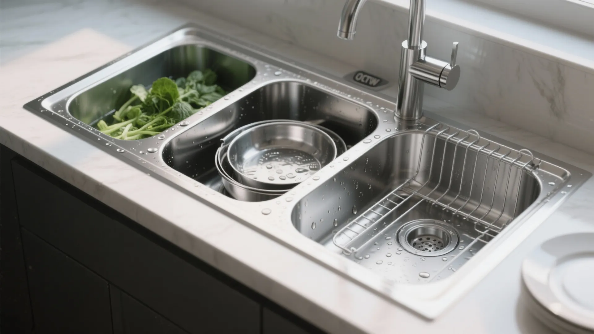 Three compartment stainless steel kitchen sink with green vegetables and metal washing baskets inside basins