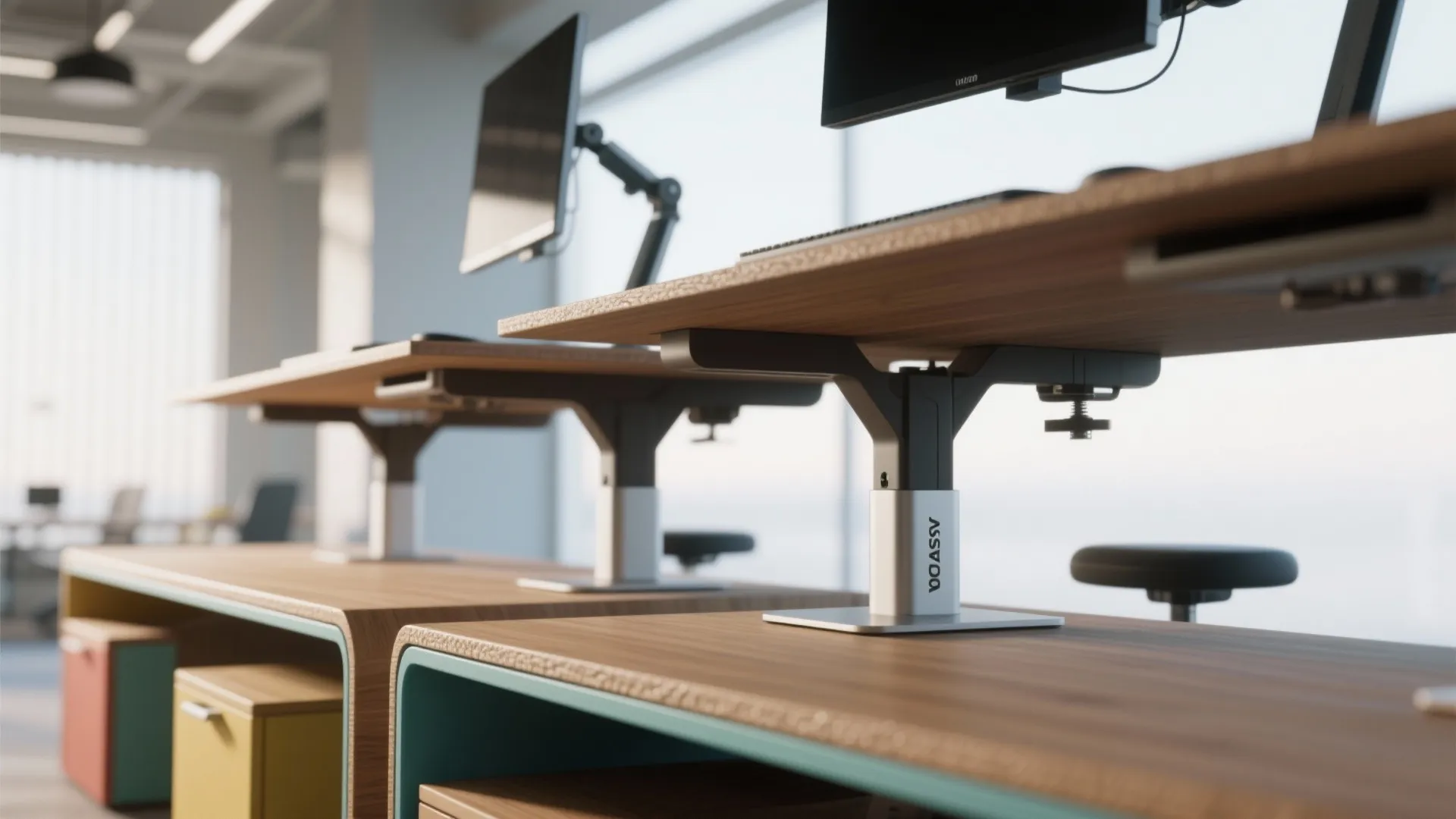 Close view of staggered wooden height adjustable desks with computer monitors in a bright office