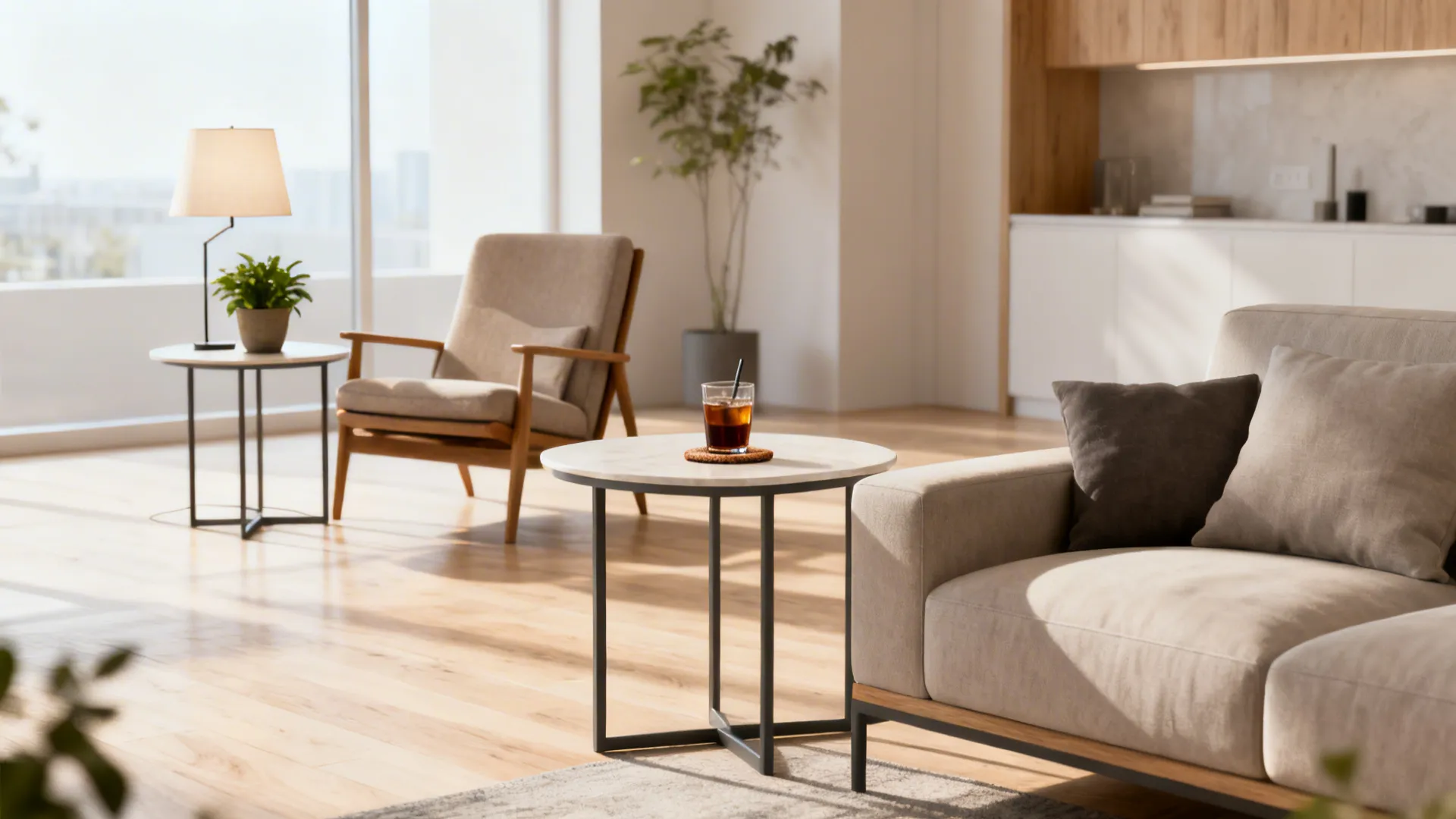 Staggered end tables in a studio living area serving drink and lamp functions.