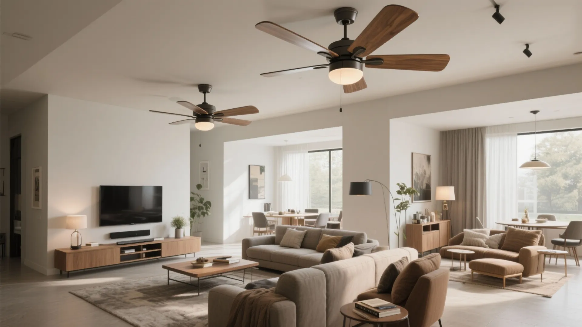 Open-plan room with two staggered ceiling fans, one above TV lounge and one above a reading nook, defining zones.