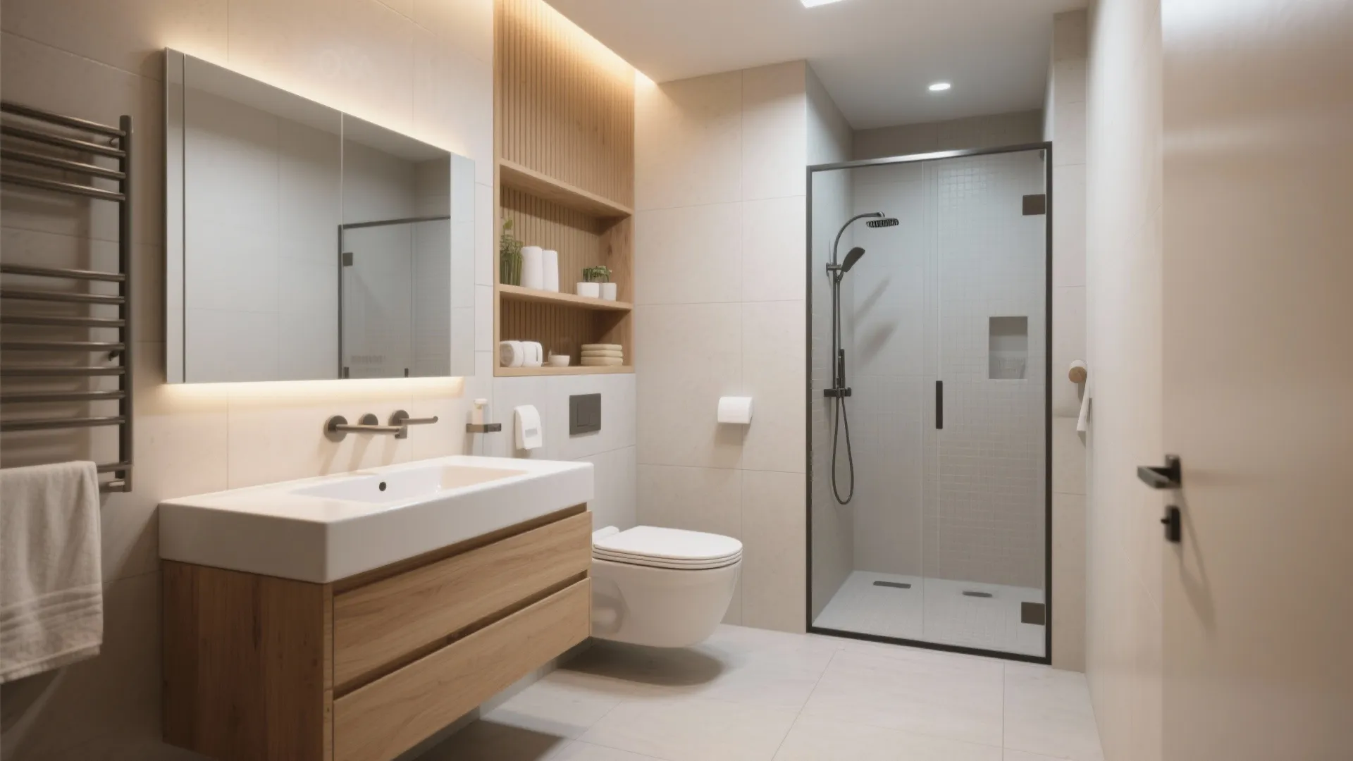 Modern bathroom with wooden cabinet white sink wall mirror toilet glass shower and warm light