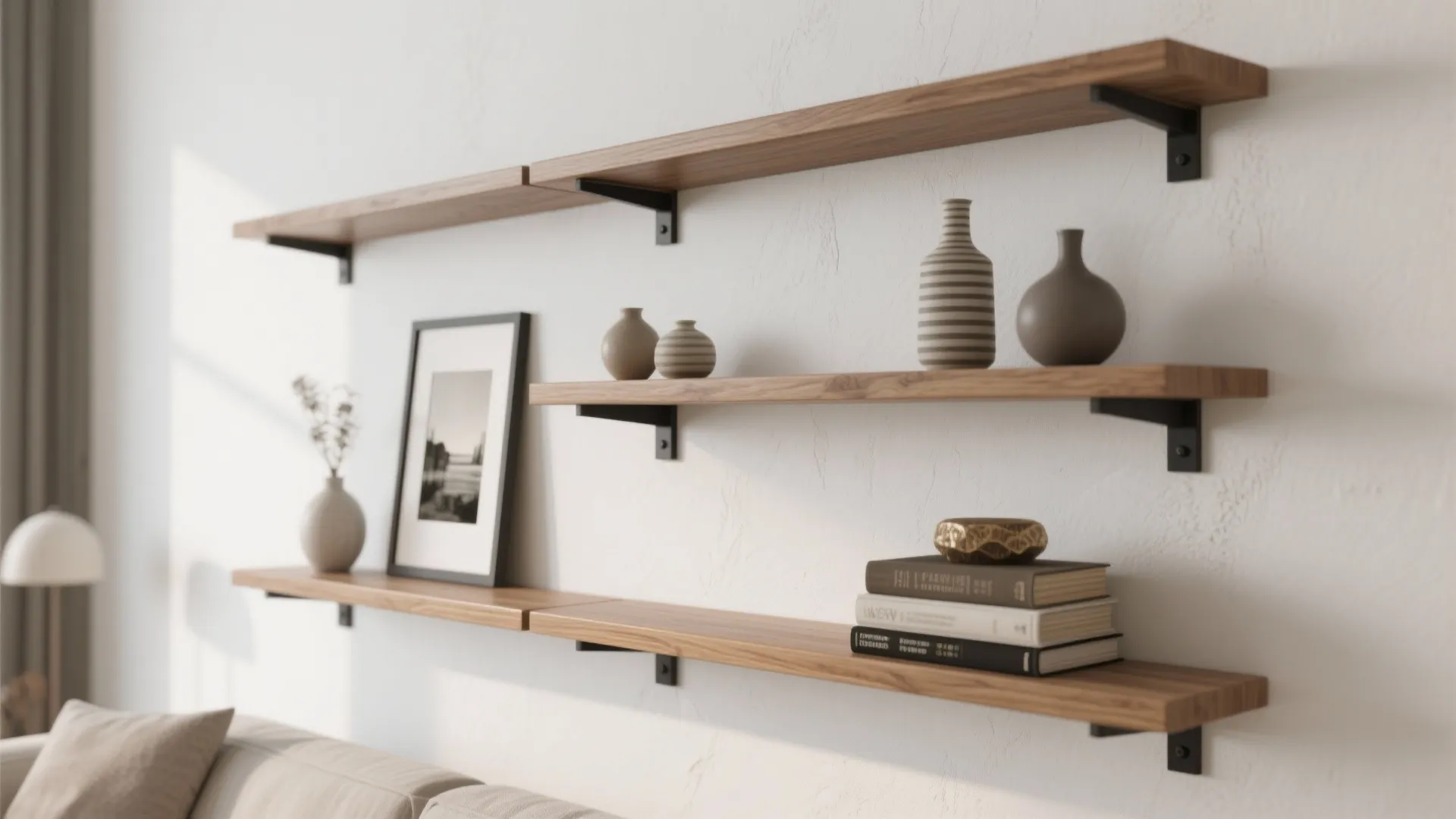 1. Slim floating shelves at staggered heights
