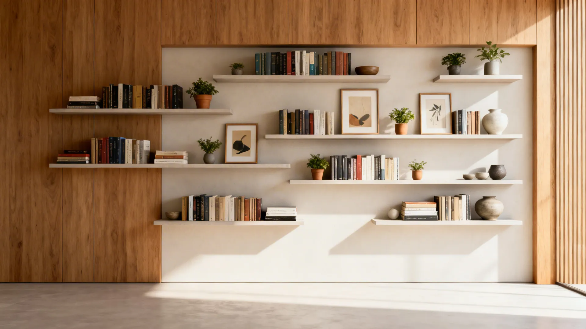 Staggered floating shelves displaying books, plants and decor above a clear floor area