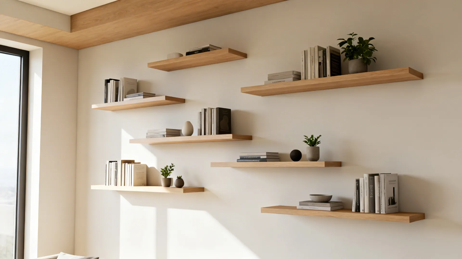 Minimalist white wall with several staggered floating wooden shelves holding books and small potted plants