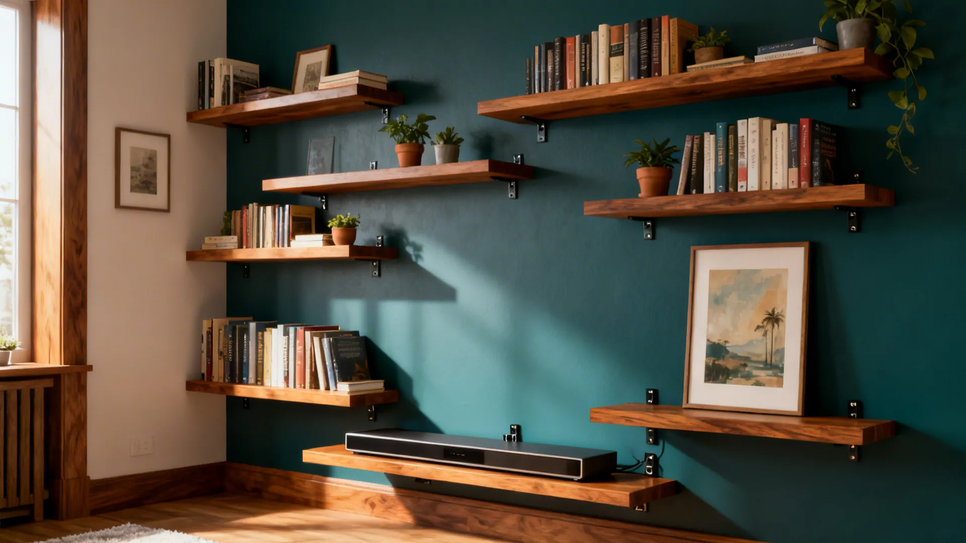Staggered floating wooden shelves on a contrasting teal wall holding books and plants