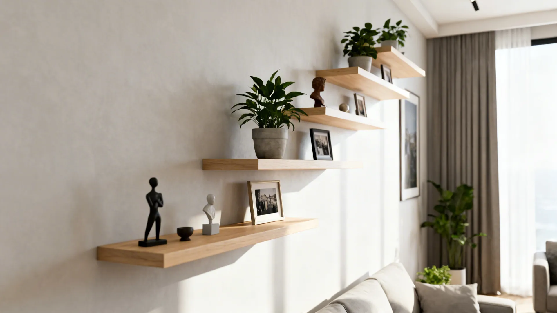 Staggered floating shelves with plants and decor maintaining open sightlines