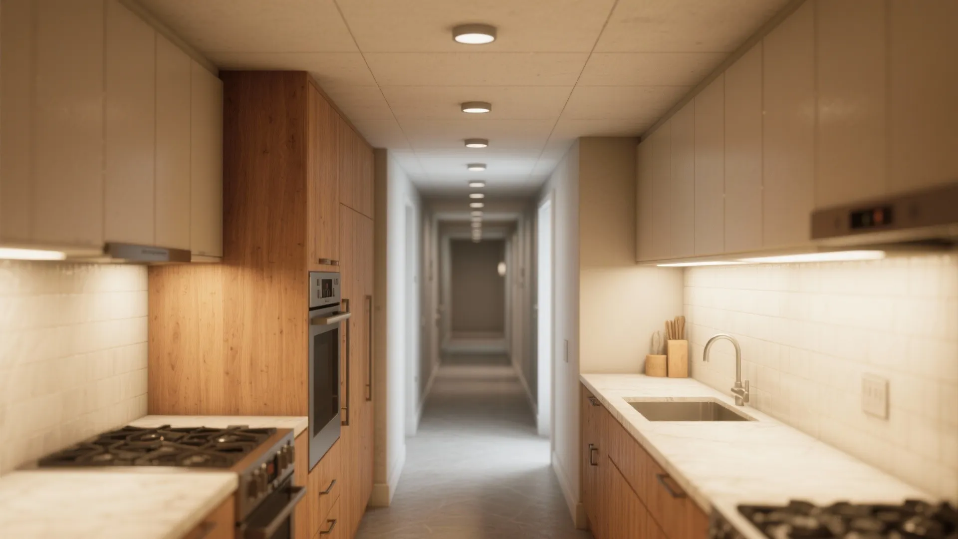 3. Staggered layout for small galley kitchens