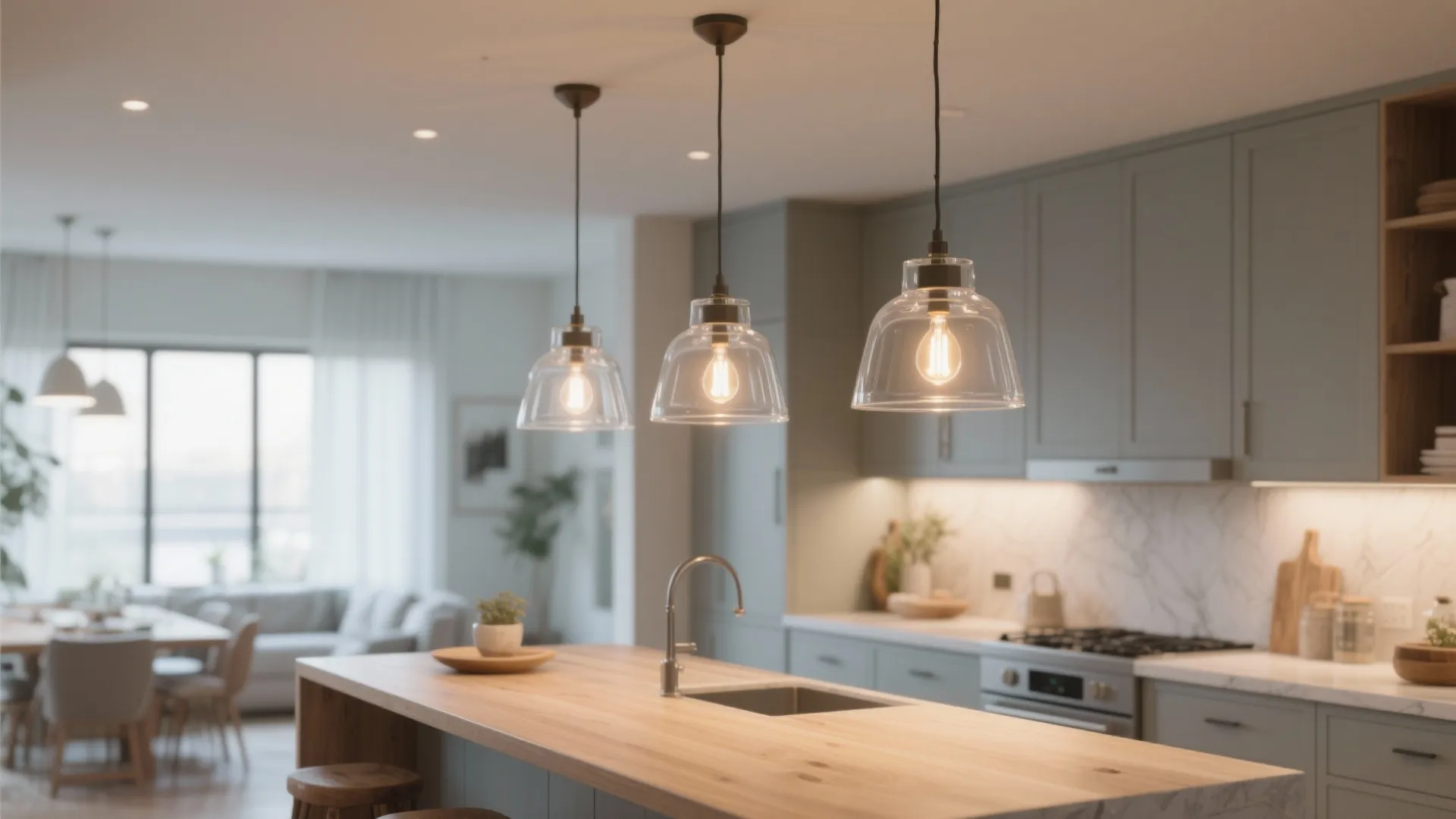 2. Cluster of three glass pendants at staggered heights