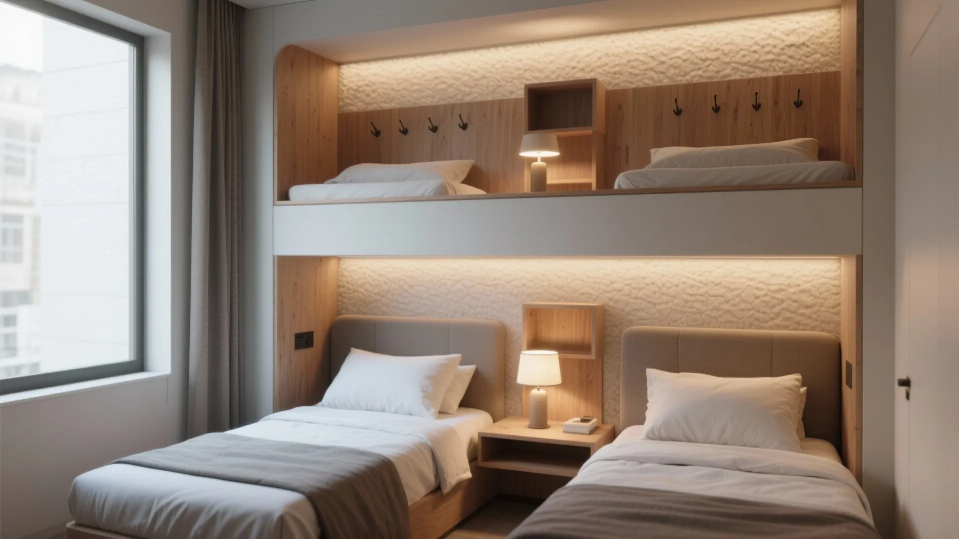 2. Staggered heads for privacy and pockets of storage