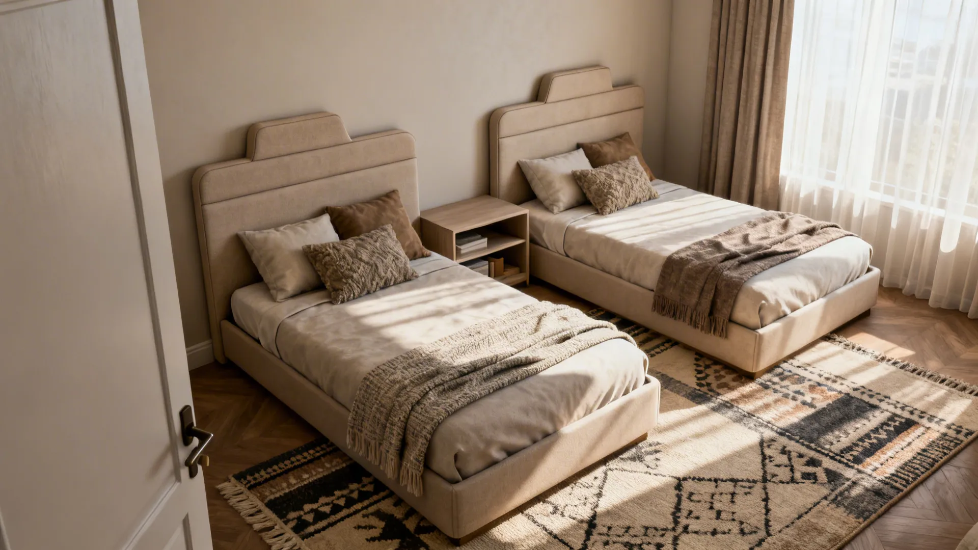 Offset twin beds with staggered headboards and shared storage improving circulation