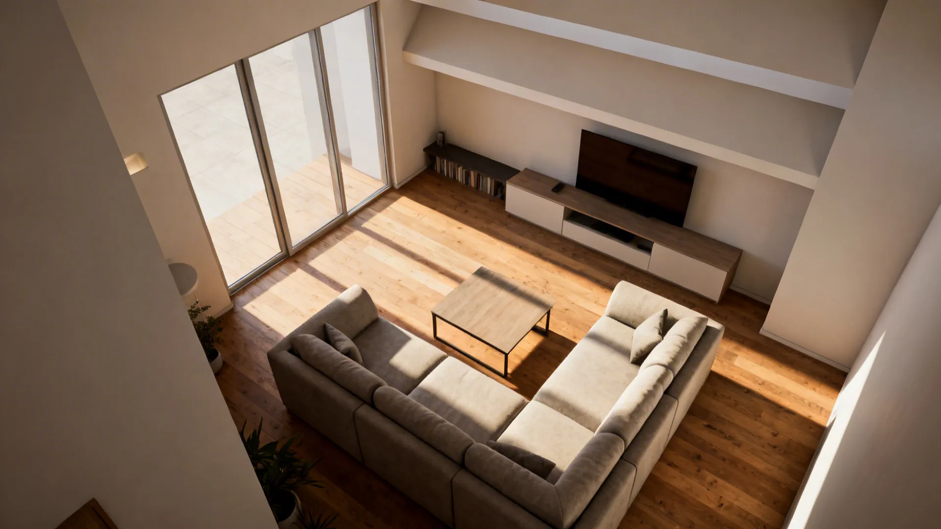 L-shaped small living room with a staggered three-panel wall art arrangement creating vertical dynamism.