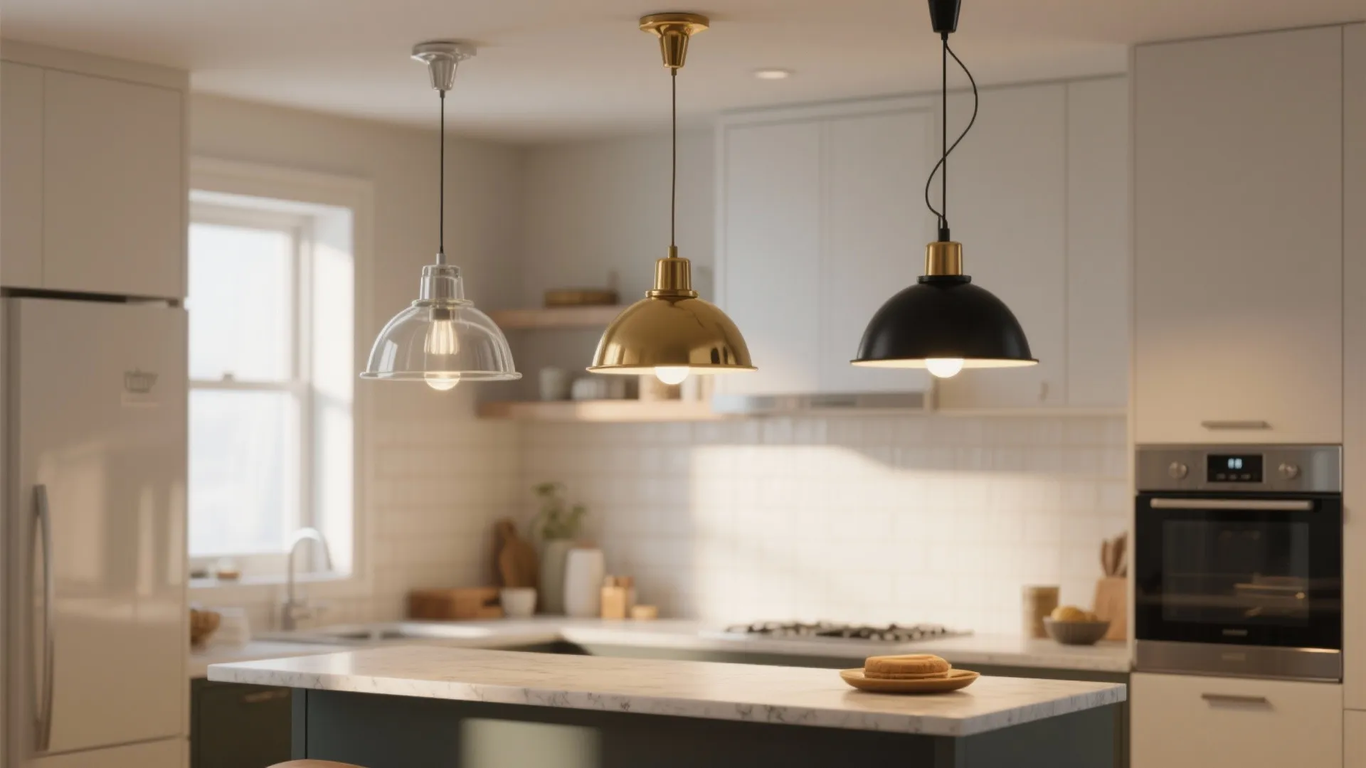 Small kitchen breakfast bar with three pendants at staggered heights and mixed finishes.