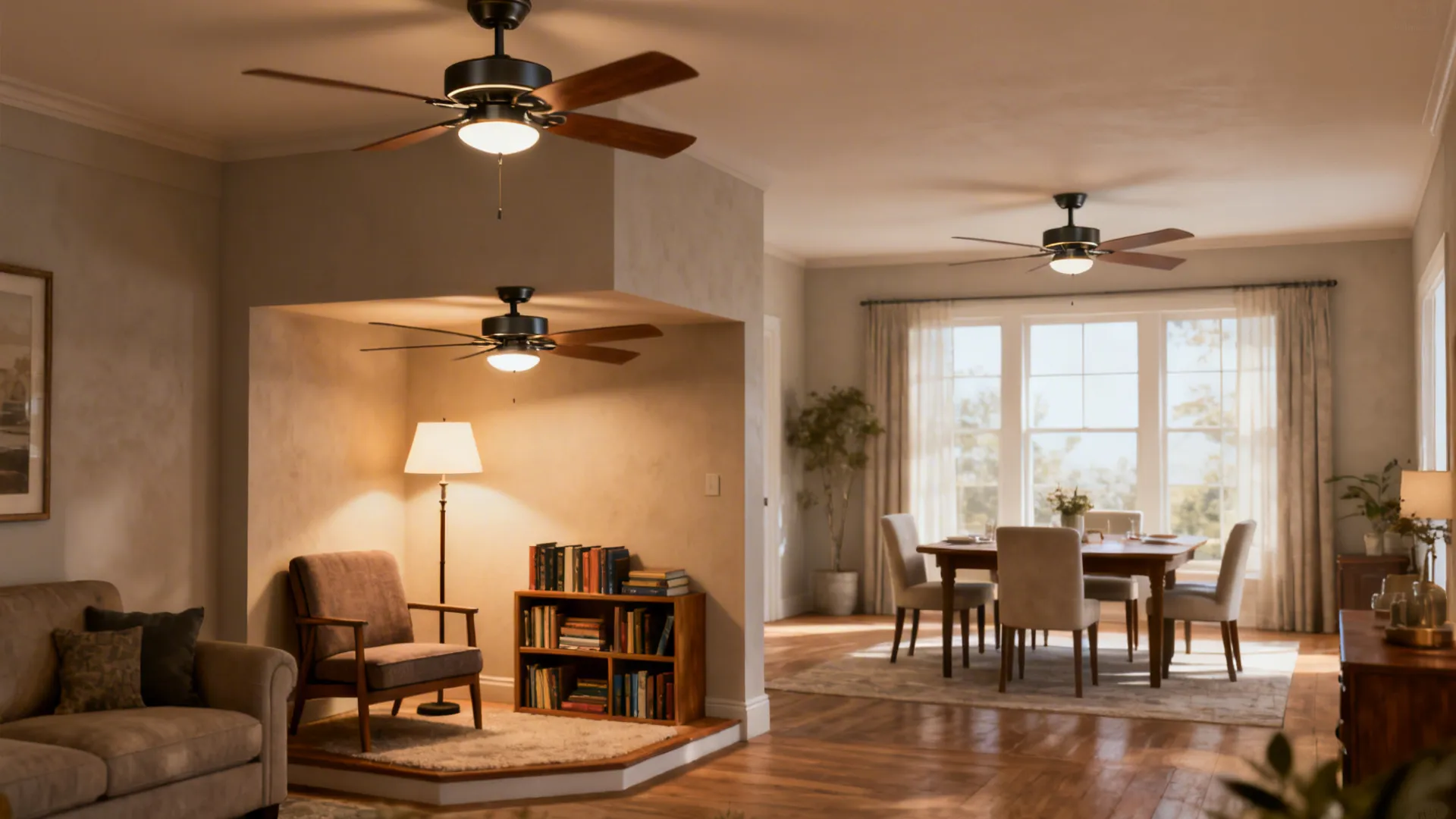Living-dining area with two ceiling fans at different heights defining a cozy reading nook and main seating.