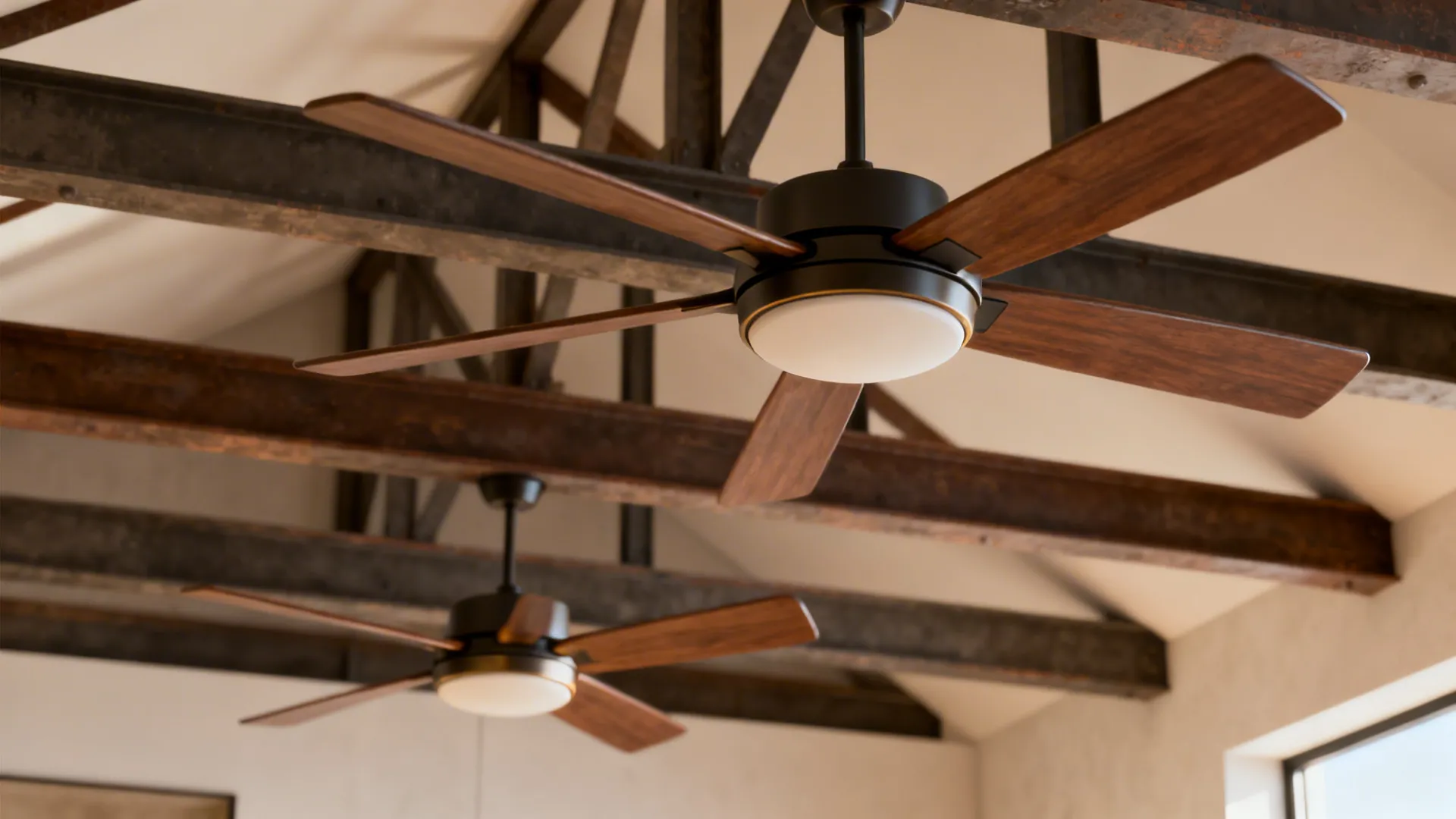 Loft interior with two ceiling fans mounted at different heights, complementing exposed beams