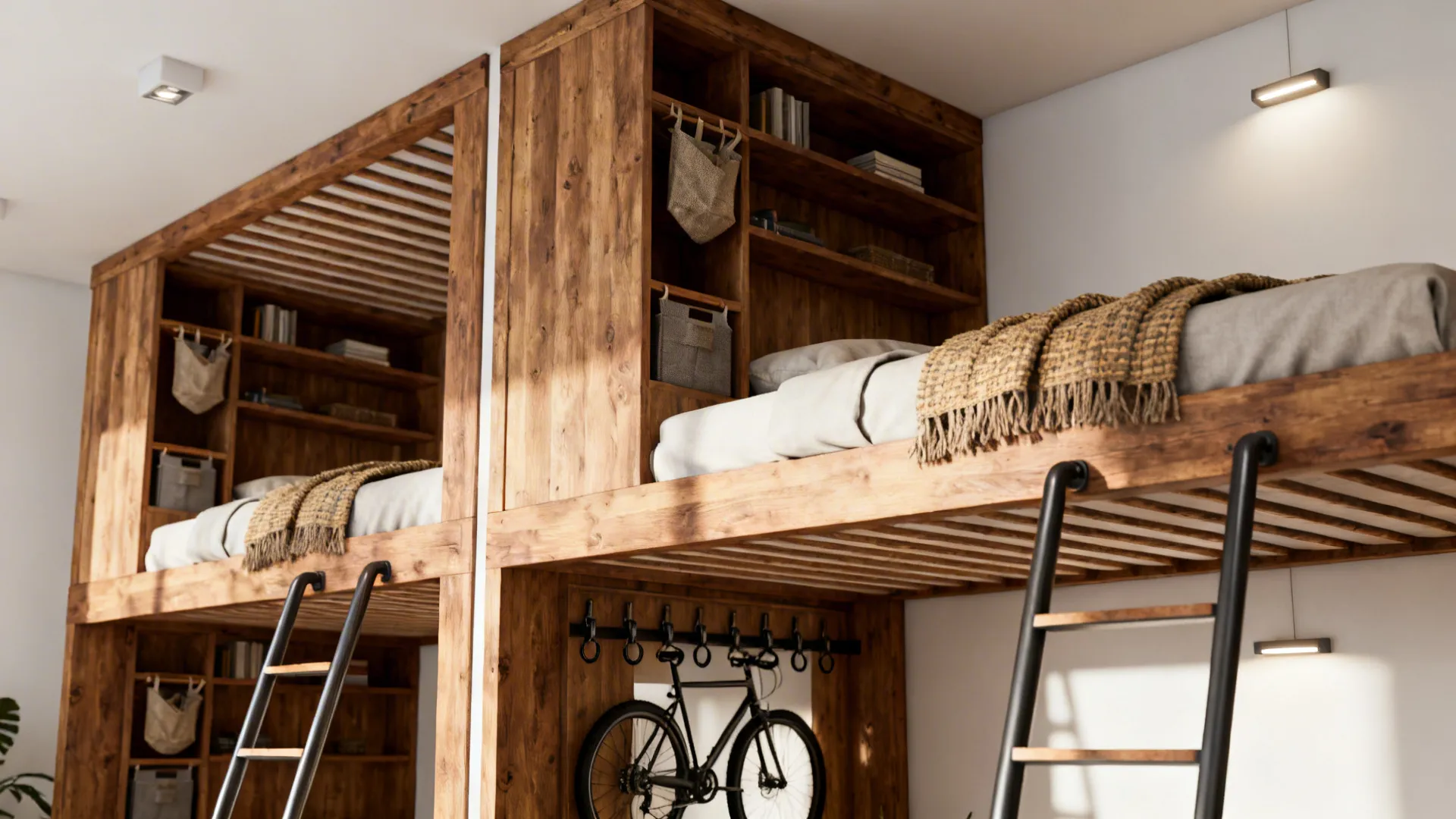 Two loft beds at staggered heights with taller platform and usable vertical storage underneath, realistic materials.