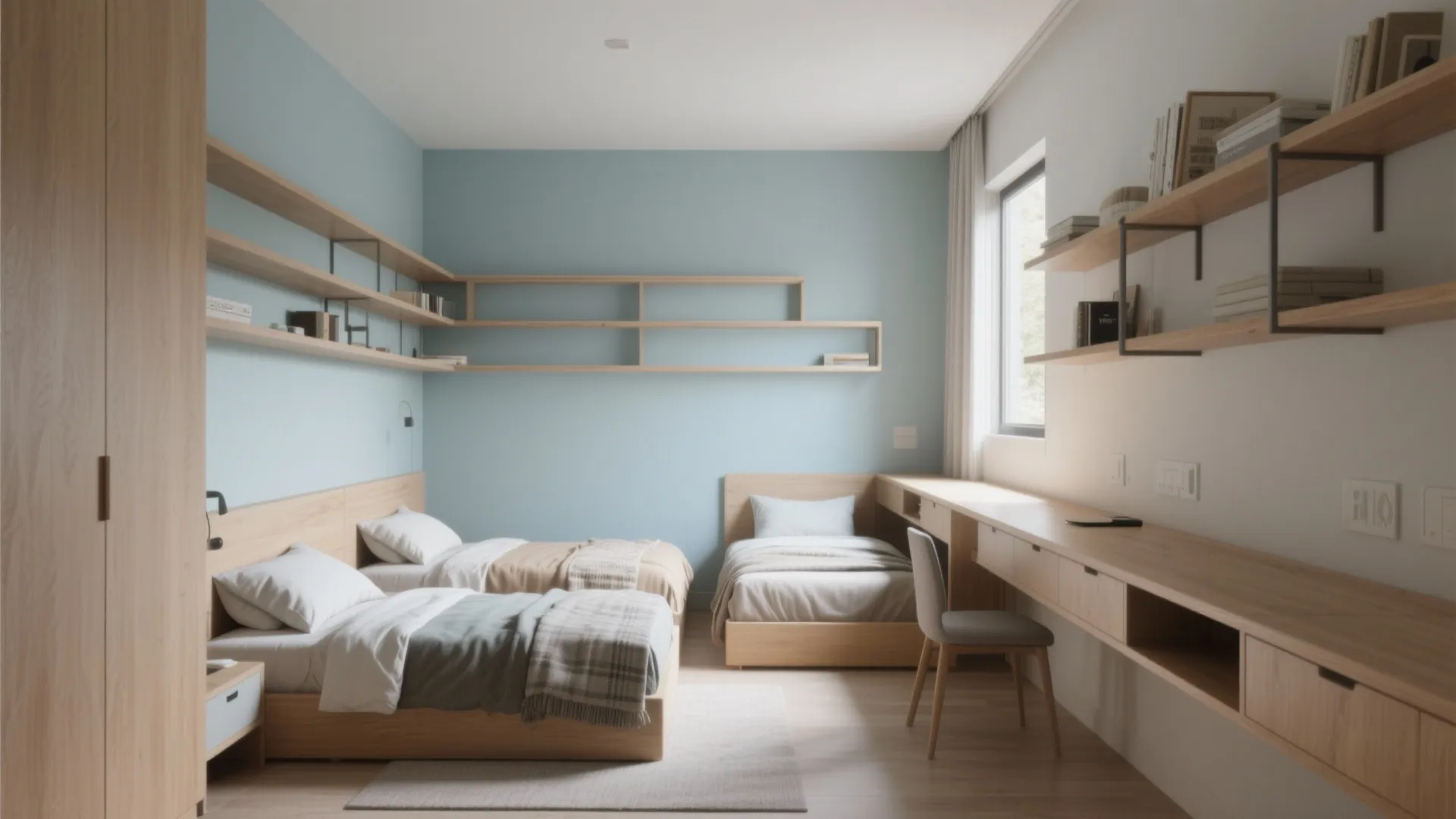 Minimalist bedroom with two single beds light blue walls long wooden desk and open wall shelves