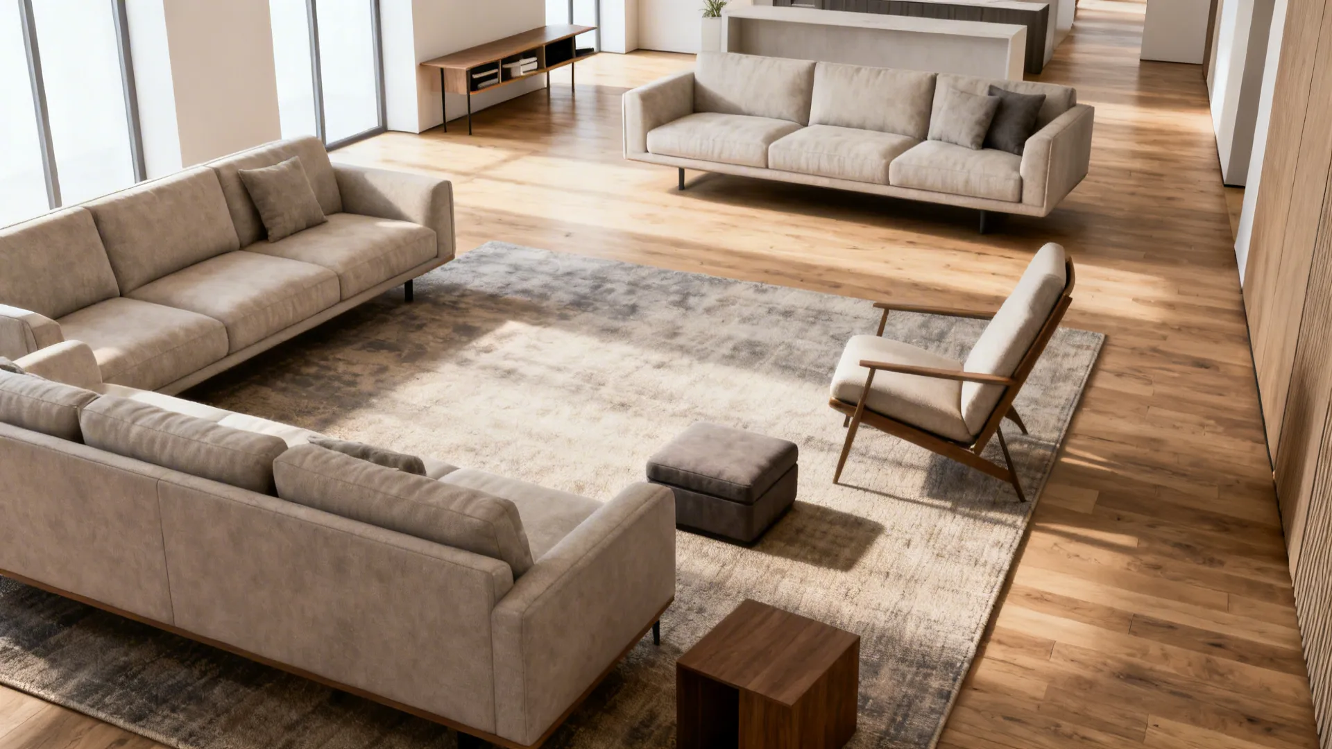 Staggered living room layout with loveseat to one side and angled chair creating flow.