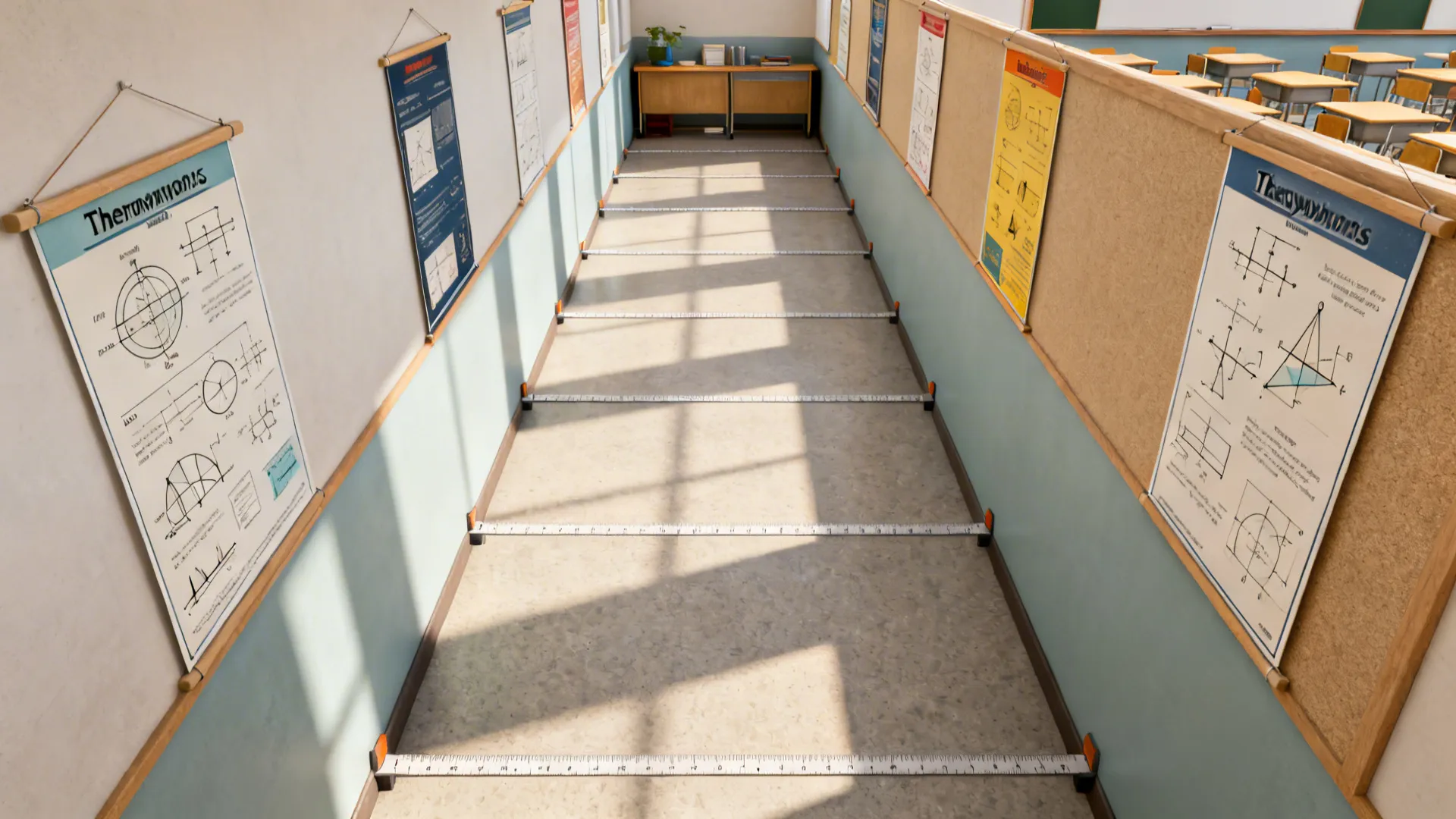 Top-down plan showing staggered poster spacing for clear sightlines in a narrow room.