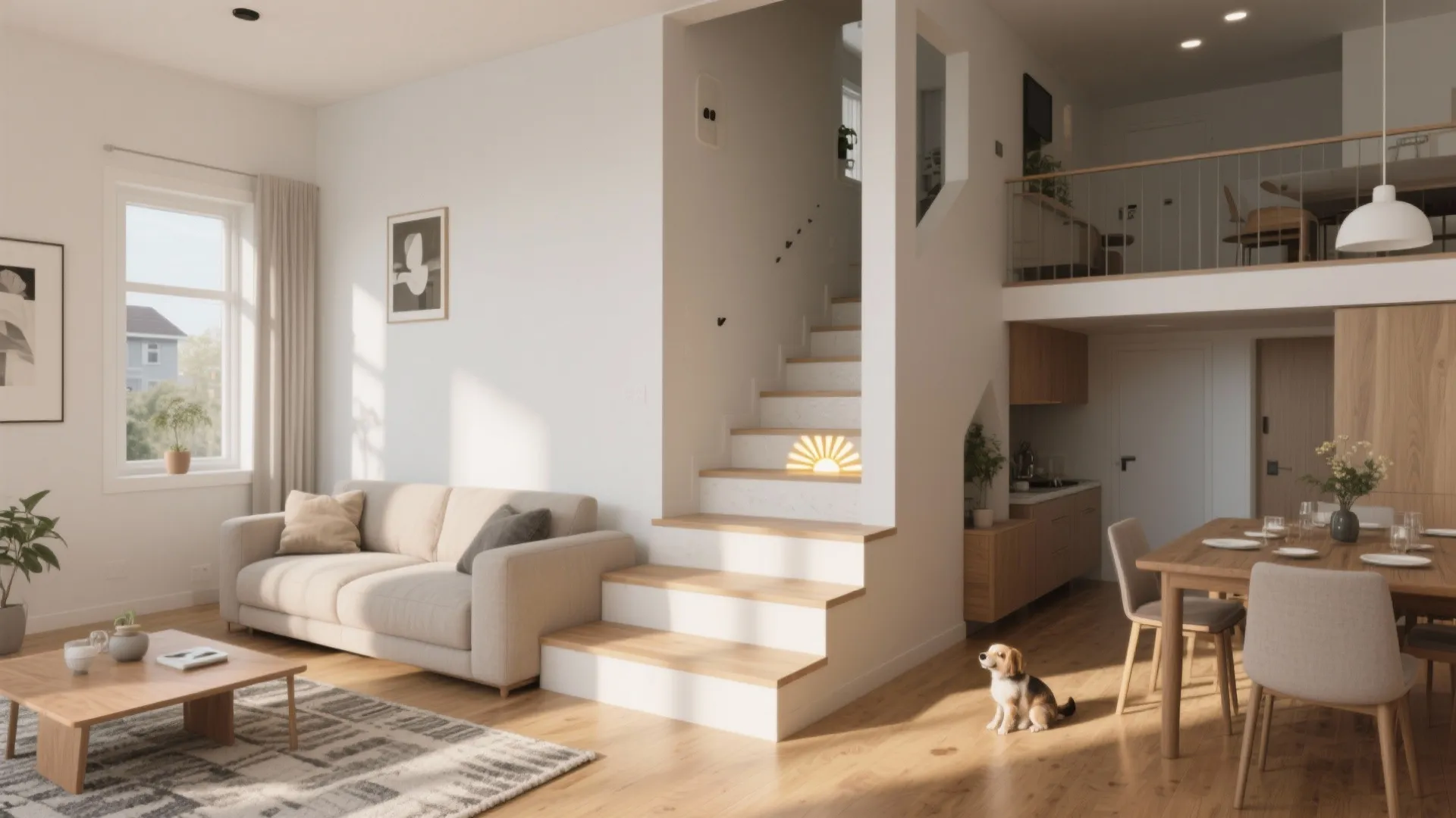 Bright living room with white sofa wooden stairs small dog dining table and a loft level