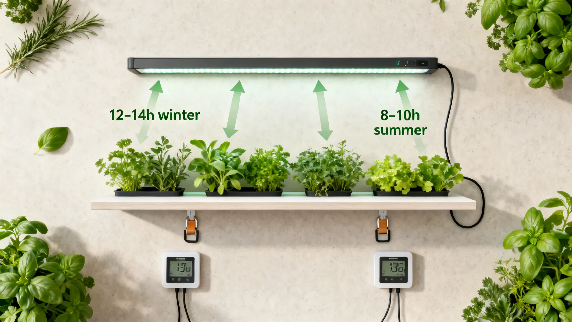 Top-down layout showing staggered herb tiers and under-cabinet LED light paths with timer cues.