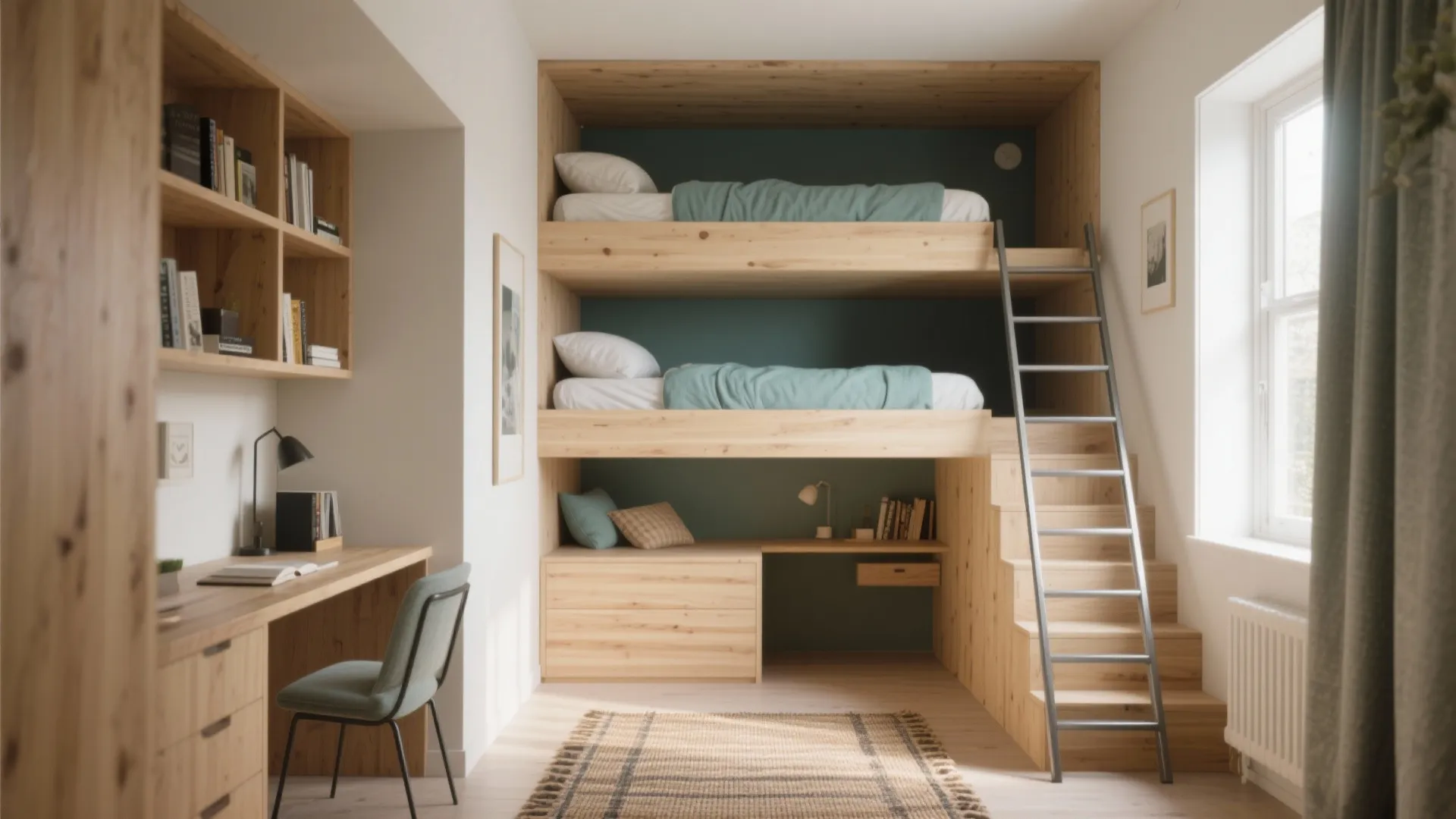 Idea 1: Staggered loft beds — personal space without walls