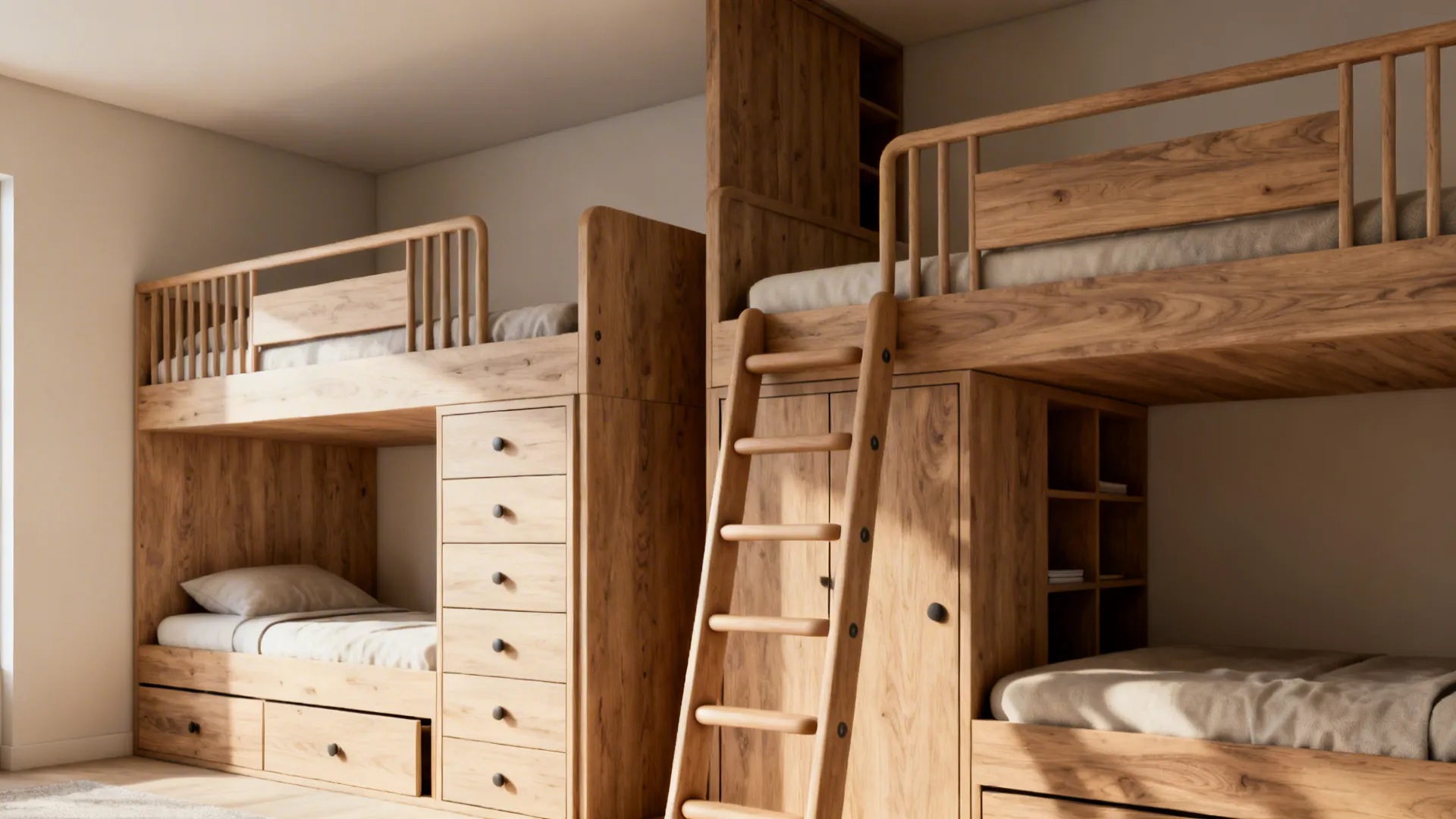 Wooden bunk beds with storage drawers integrated ladder shelves and white bedding in natural light